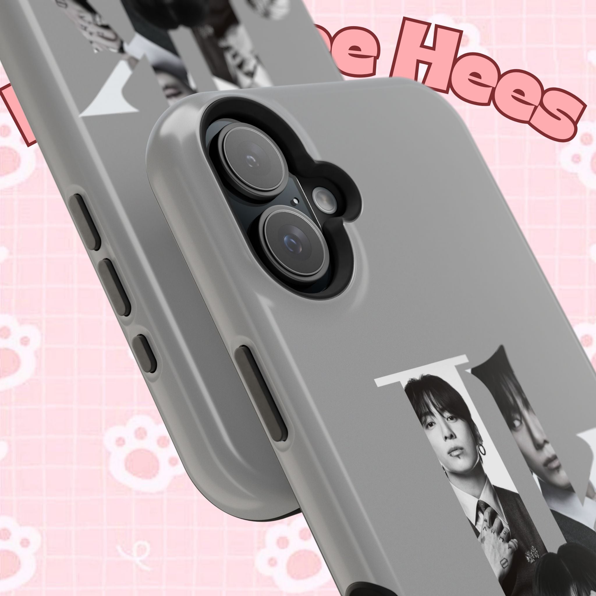 Monochrome BTS Jungkook phone case with letter design, impact-resistant Printify phone cover featuring Jungkook from Bangtan Boys.