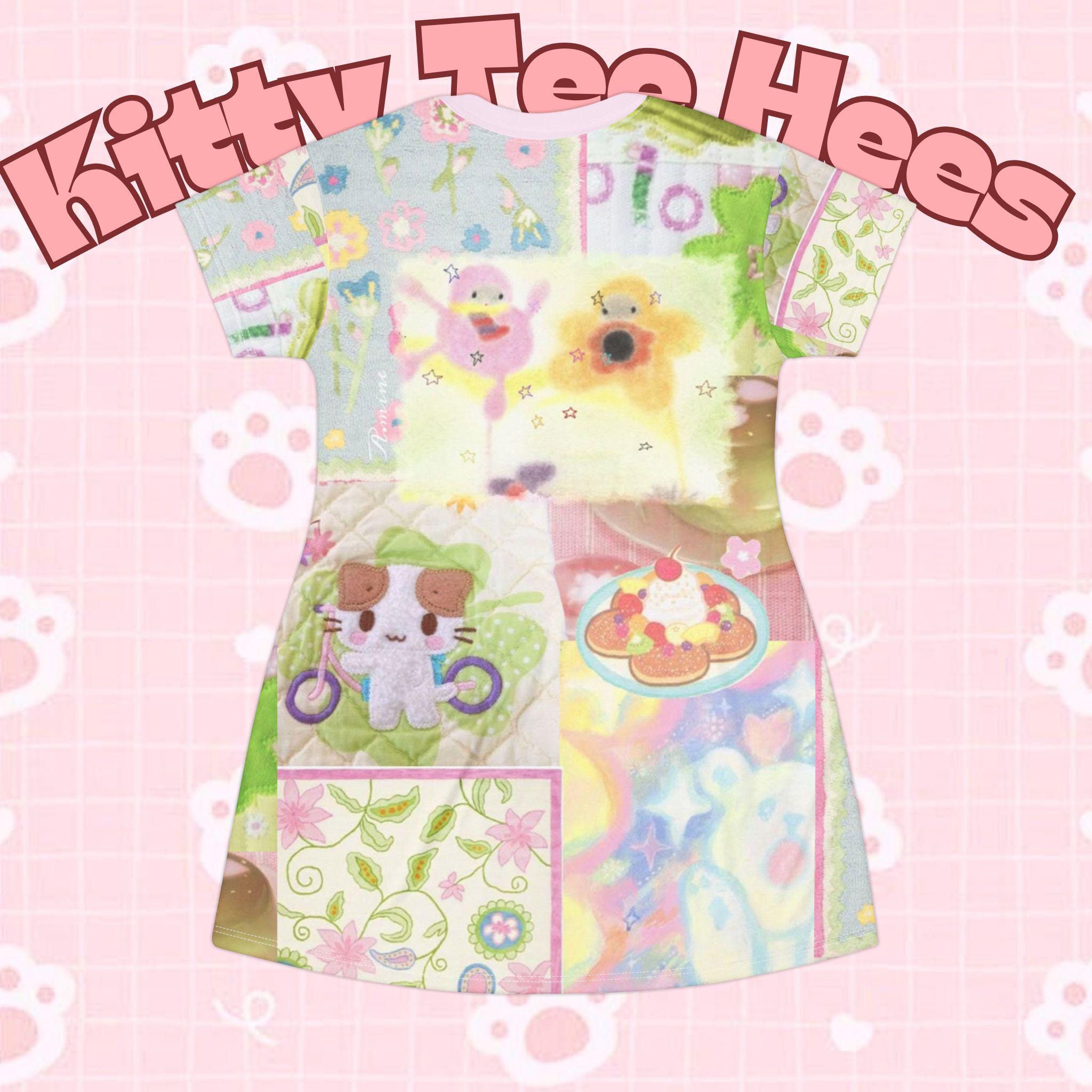 Cotton candy dreams kitty T-Shirt Dress, Kawaii Fashion, Pastel Aesthetic Dress, Summer Casual Wear, Unique Gift for Cat Lovers, Adorabe - Kitty TeeHees