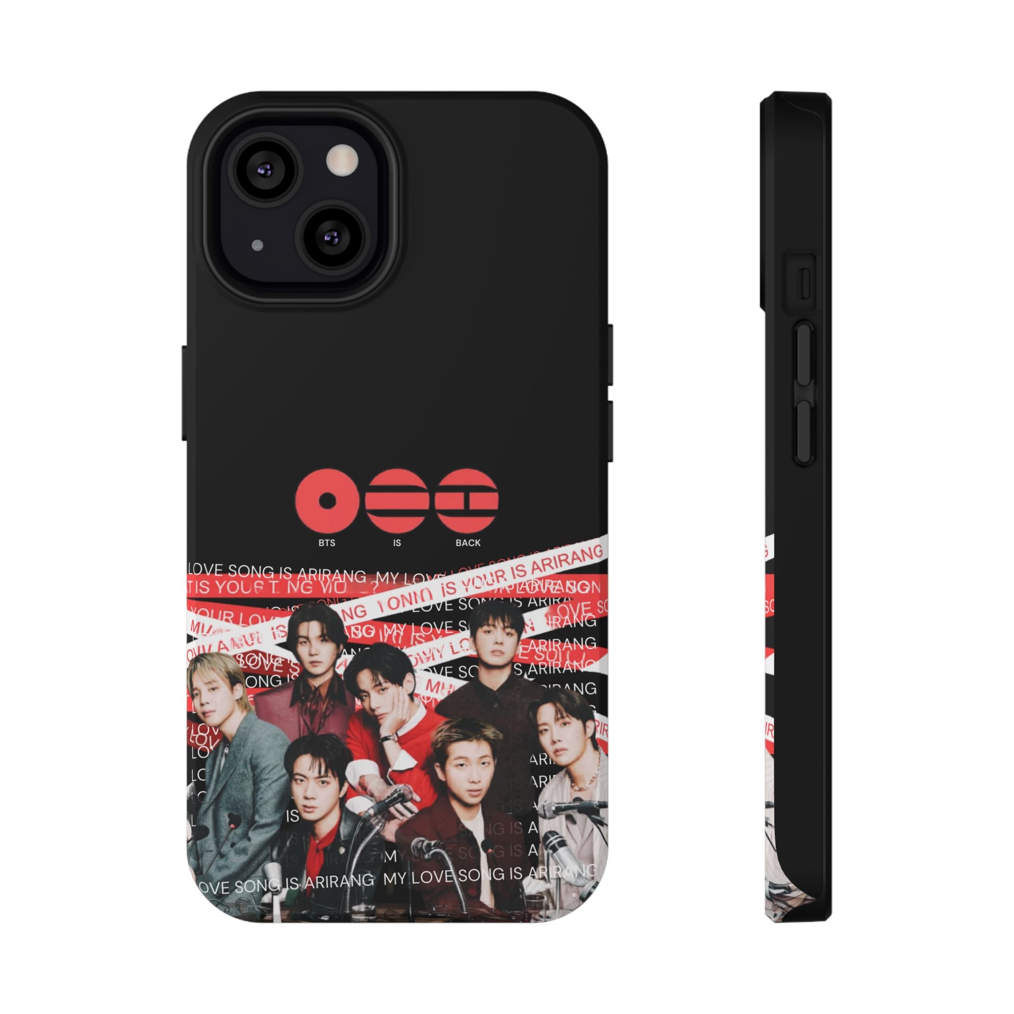Custom BTS Bangtan Boys phone case with fanmade K-Pop design, impact-resistant cover featuring concert and band photos.
