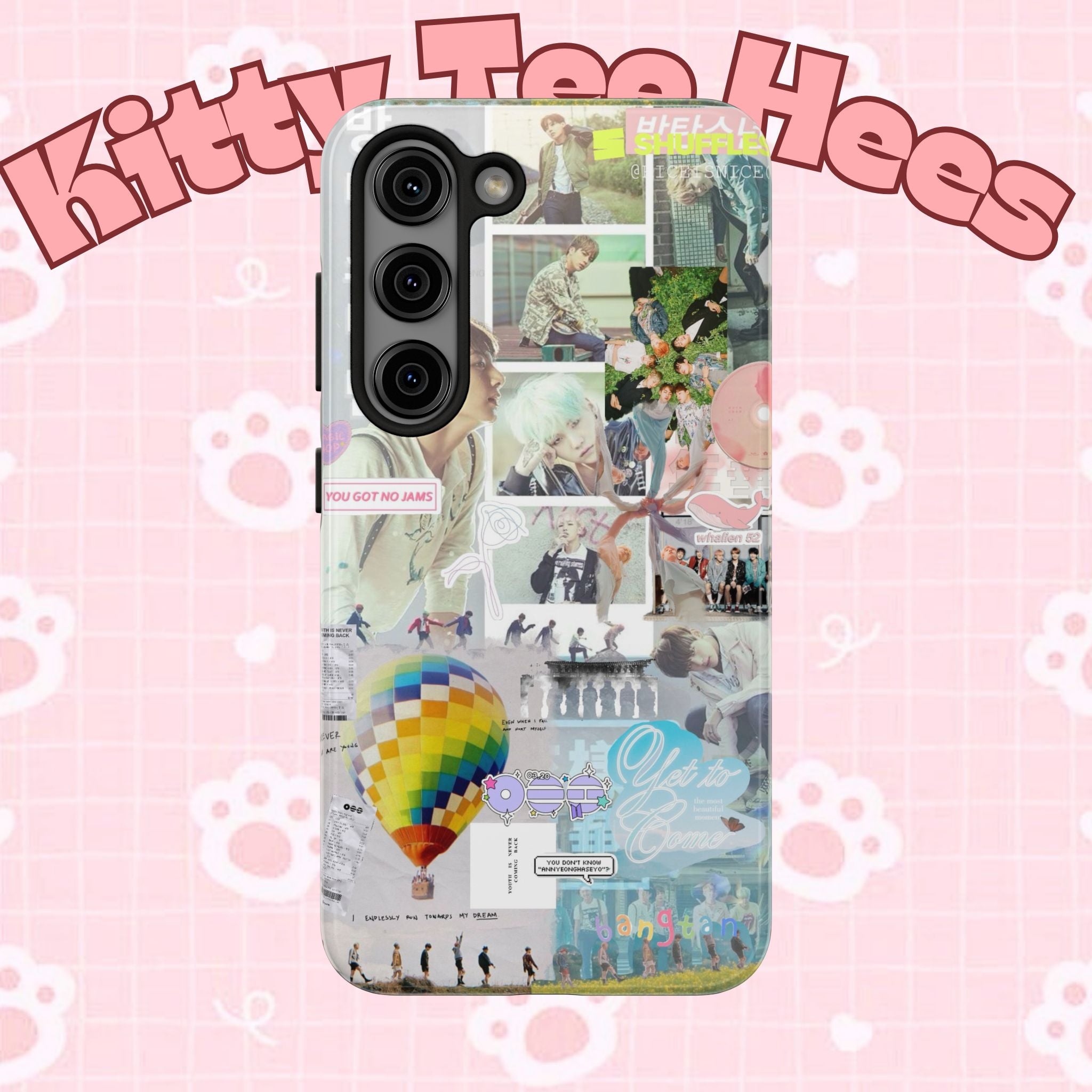 K-Pop BTS collage phone case for iPhone and Samsung with pastel hot air balloon and aesthetic design, featuring printed photo collage.
