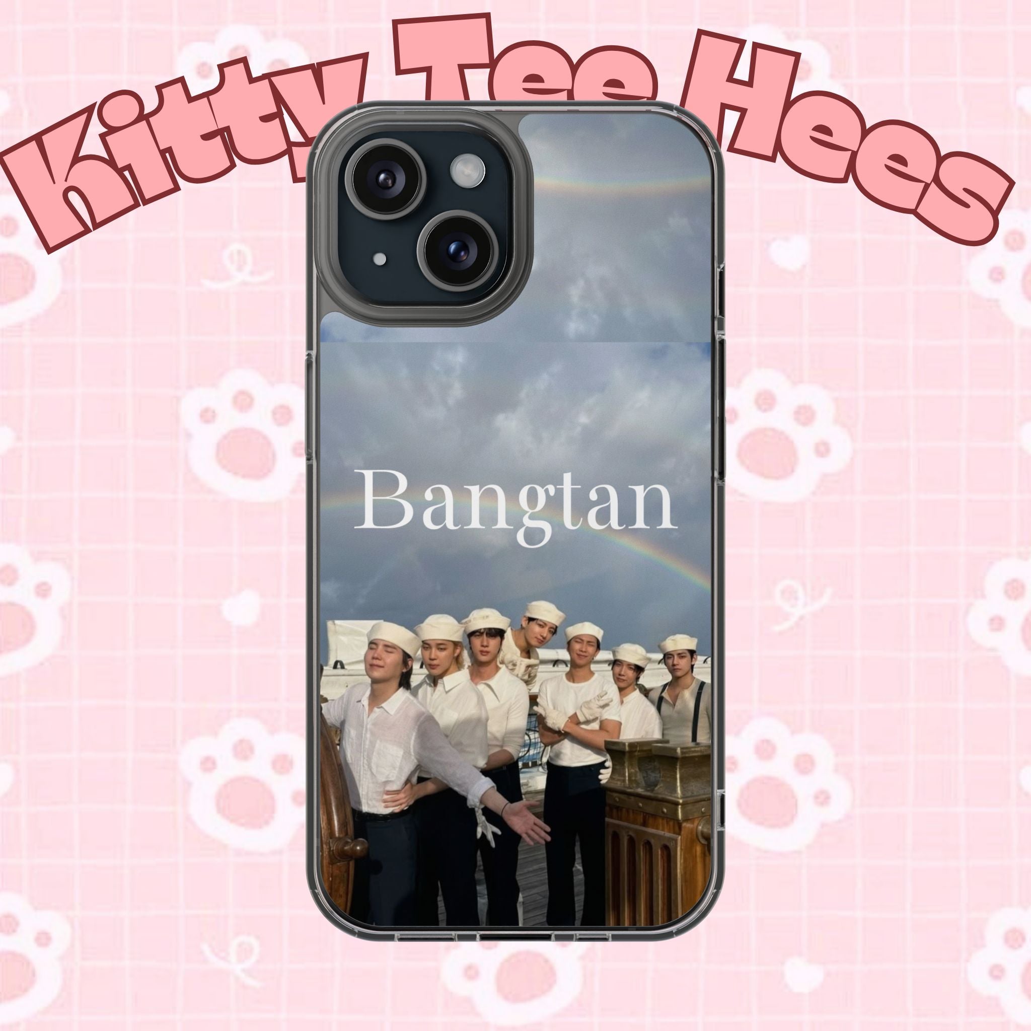 Clear impact-resistant Bangtan phone case with cute K-pop design for smartphones, by Printify.