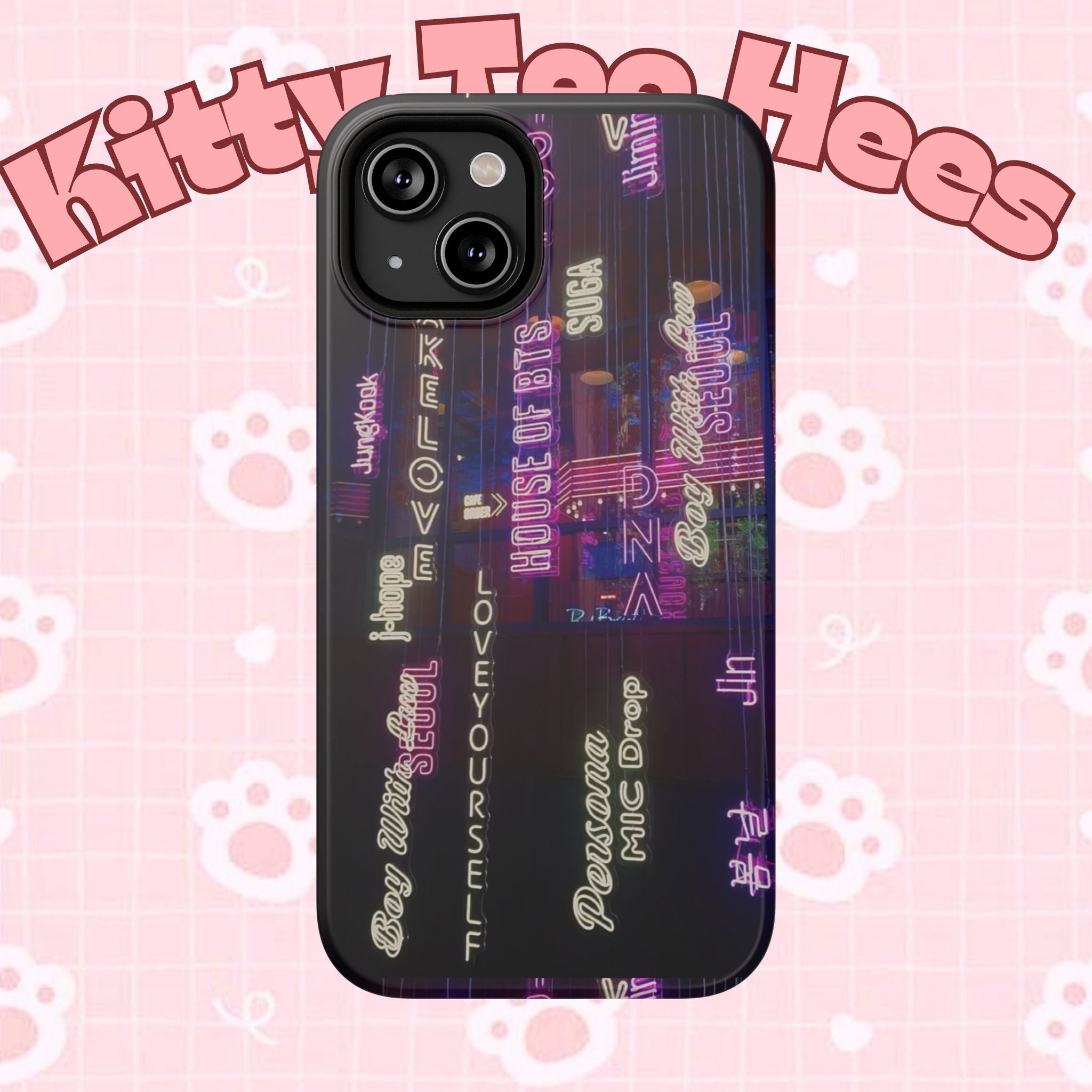 Neon Korean script BTS phone case for iPhone and Samsung, impact-resistant Printify phone case with bold Korean lettering design.