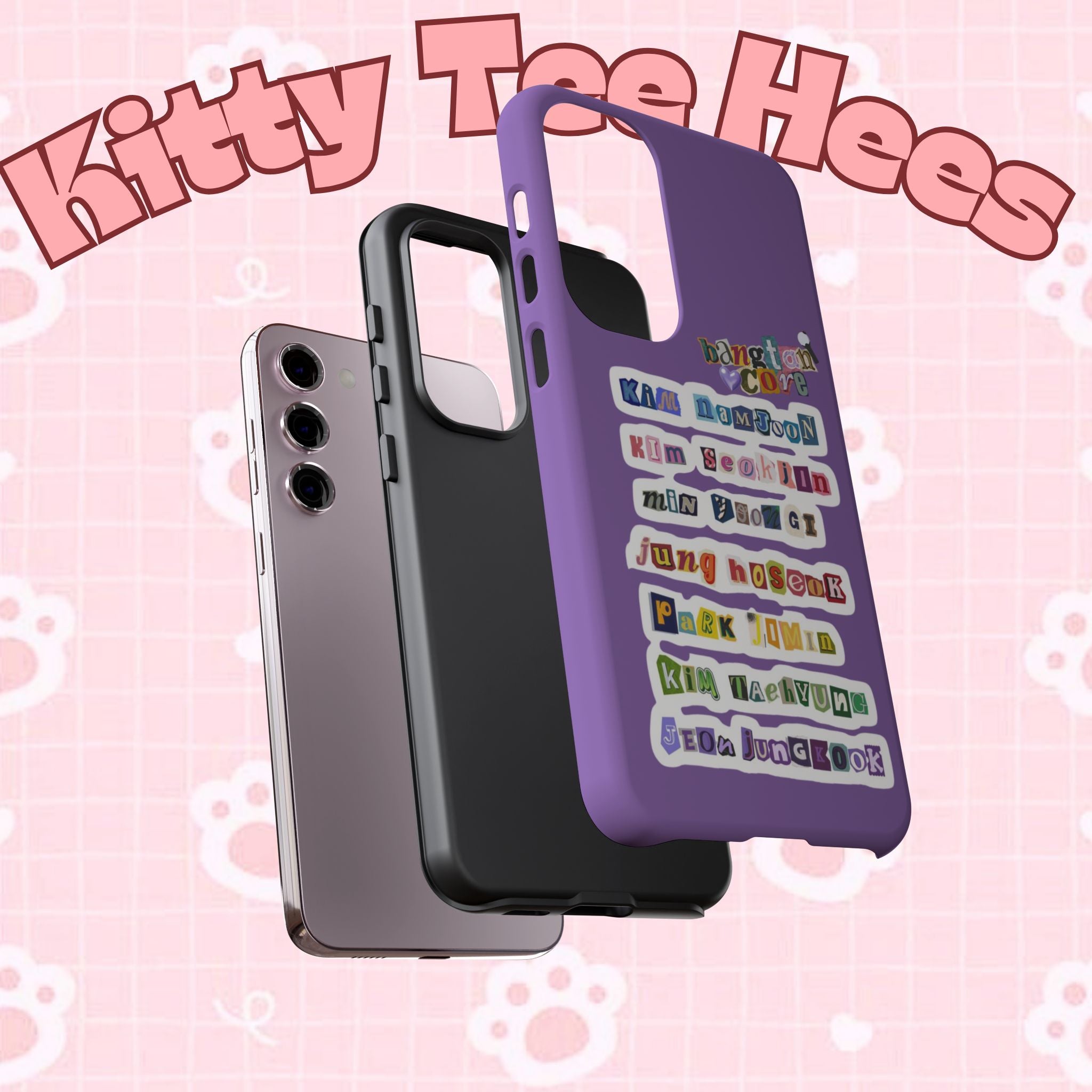 Printify BTS member names phone case featuring Jungkook, Jimin, and RM for iPhone 17, with a durable tough case design.