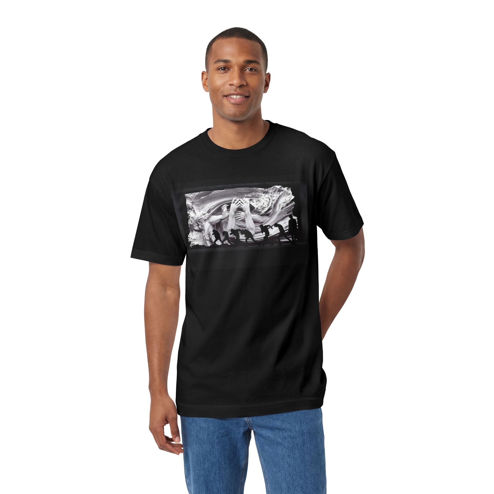 Black and white BTS graphic T-shirt featuring Blood Sweat and Tears photo print, inspired by K-Pop Bangtan Boys, by Printify