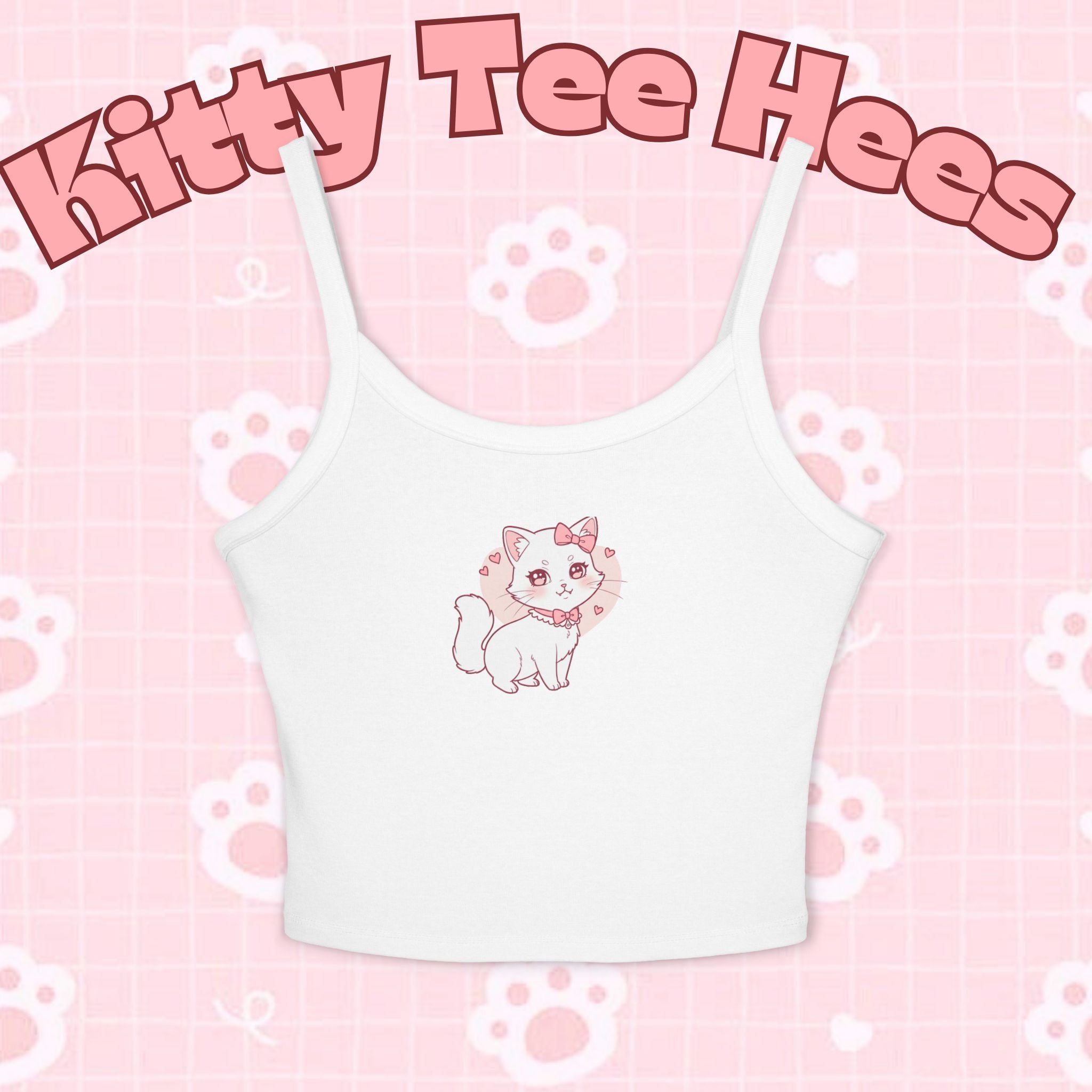 Pink coquette kitty tank top for women, sleeveless camisole with spaghetti straps, casual summer top for cat lovers.