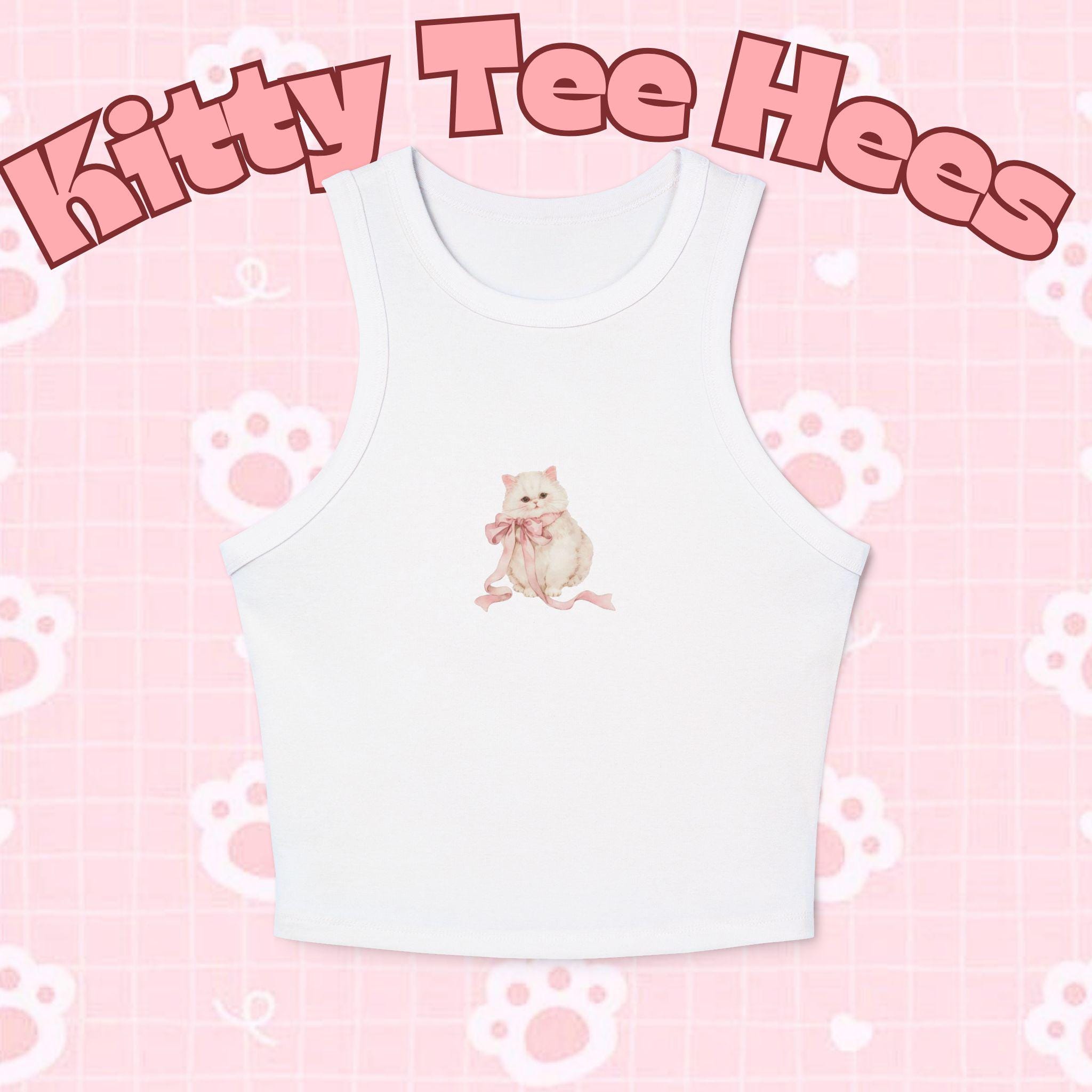 Pink Kitty Bow Racerback Tank Top, Cat Lover Summer Fashion - Kitty TeeHees