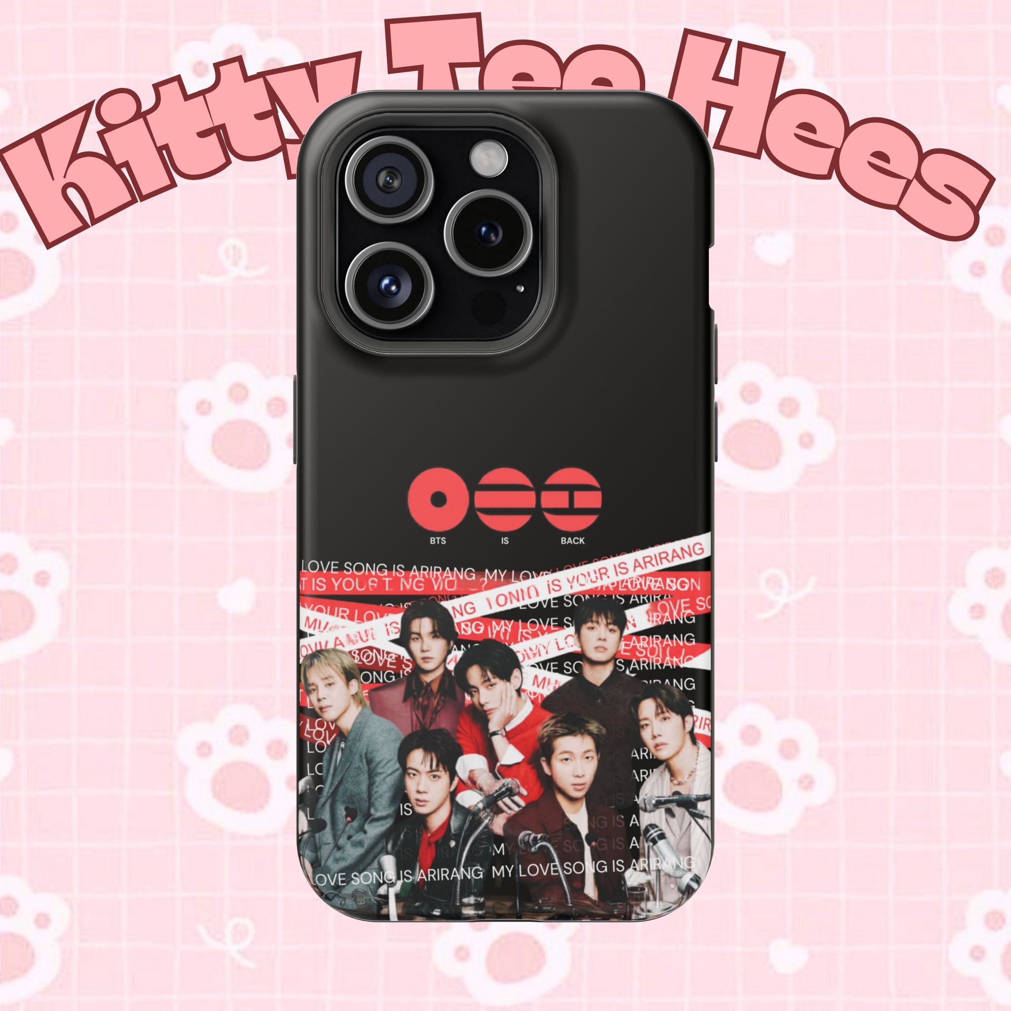 K-Pop BTS Bangtan phone case featuring concert fanmade artwork, impact-resistant design, fits smartphone with vibrant band image.