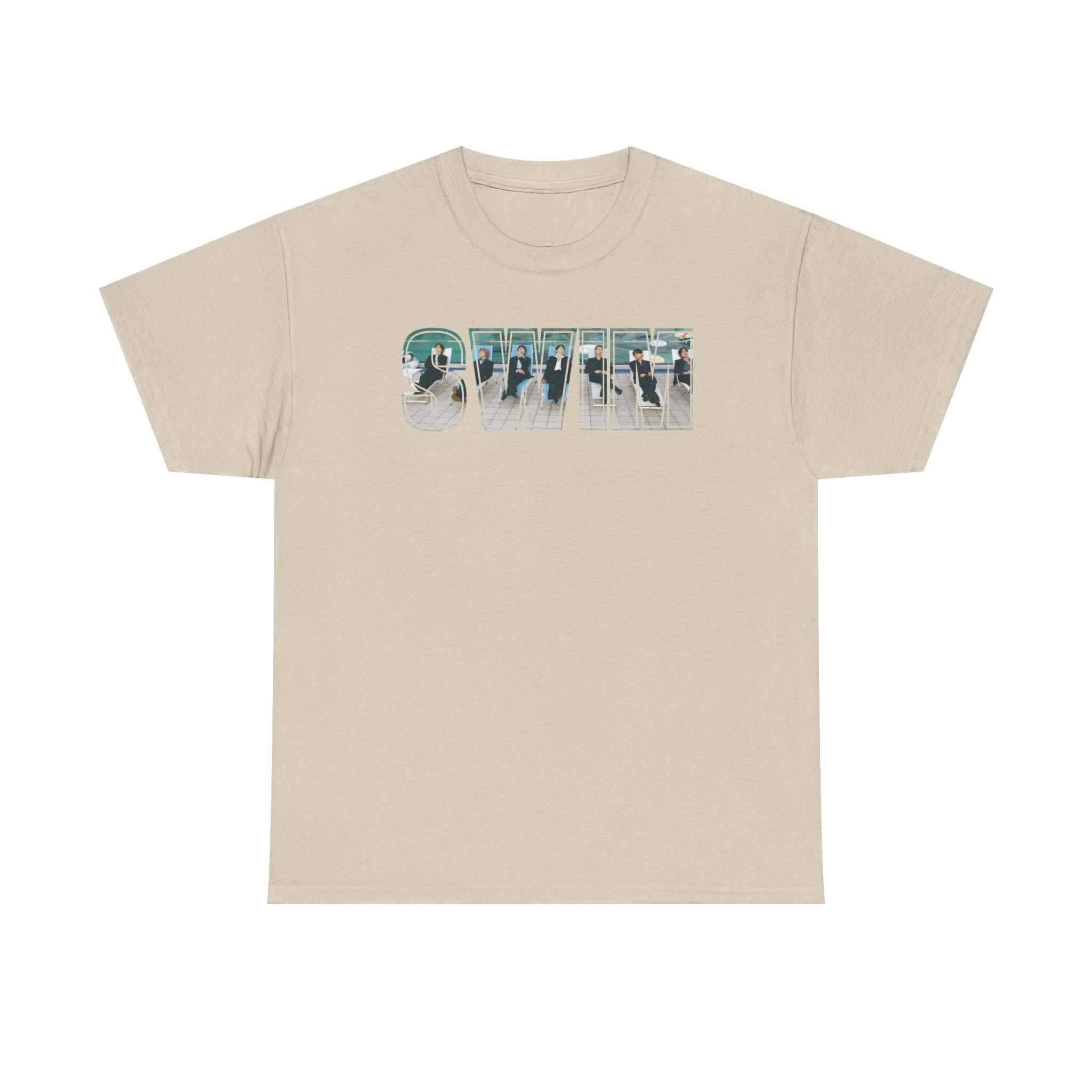 Printify BTS swim graphic T-shirt featuring a pool scene, with back print and "I could spend a lifetime watching you swim" slogan.