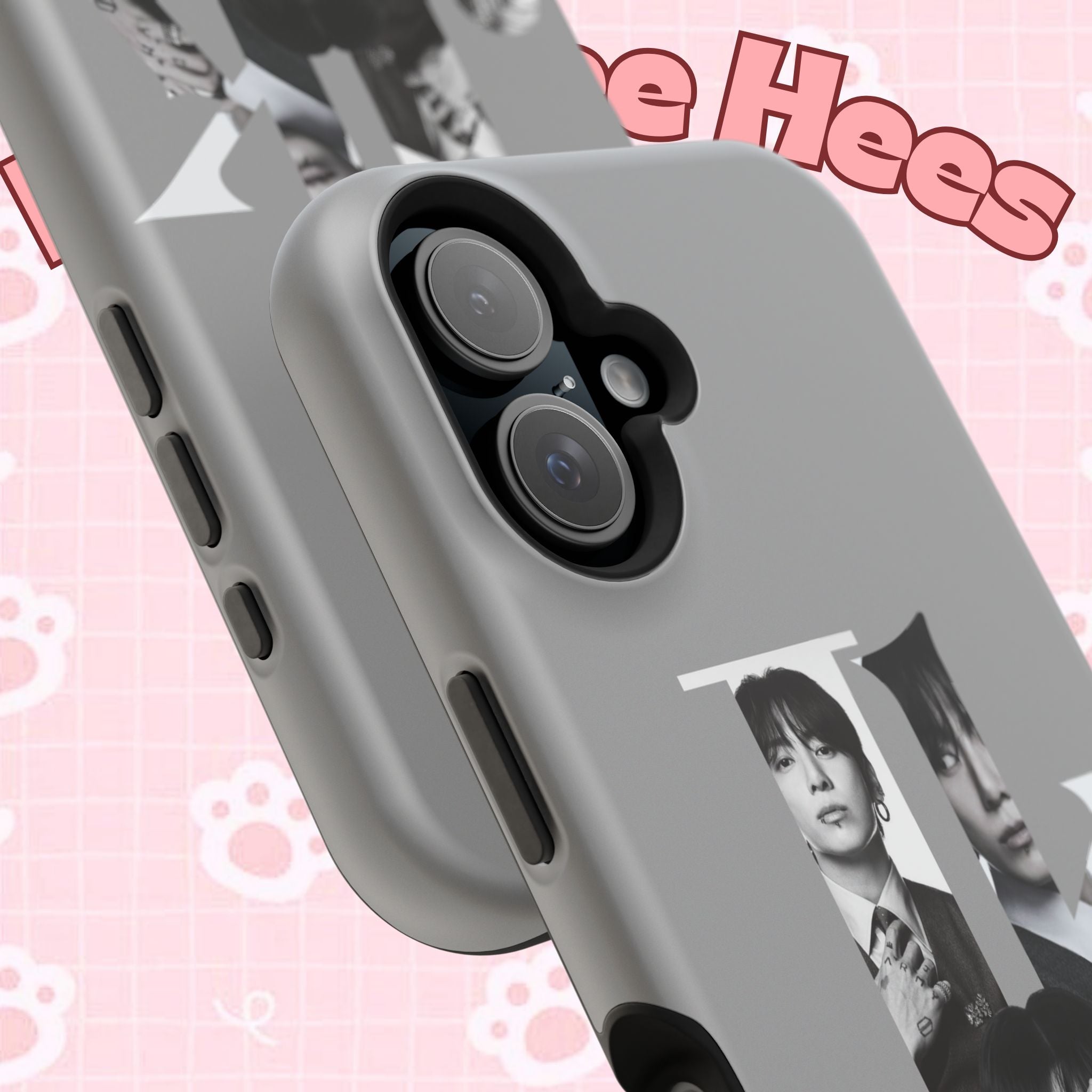 Monochrome BTS Jungkook phone case with letter design, impact-resistant Printify phone cover featuring Jungkook from BTS.