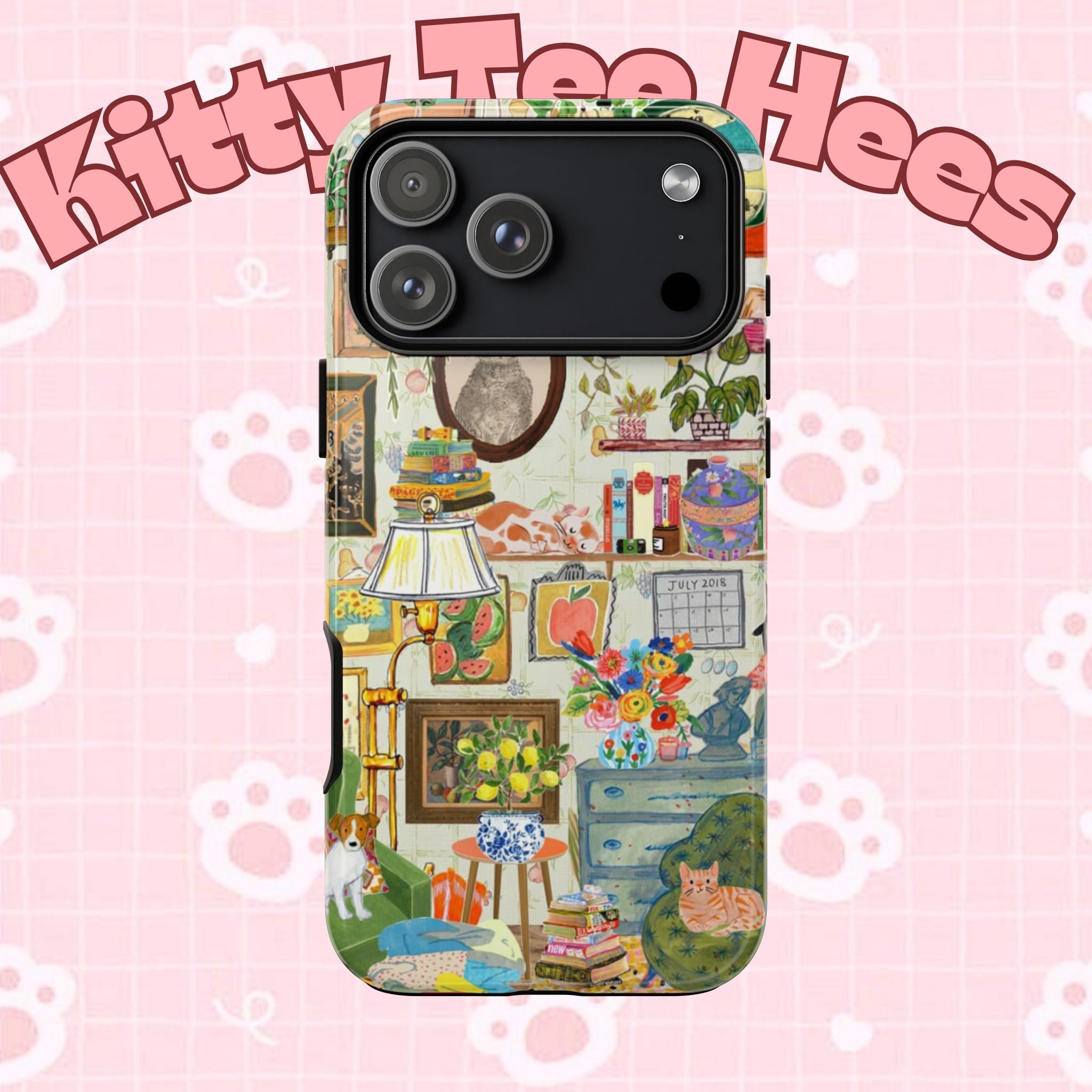 Cute cat portrait phone case for iPhone 17 by Printify, featuring a cozy living room pet home design and stylish, adorable feline artwork.