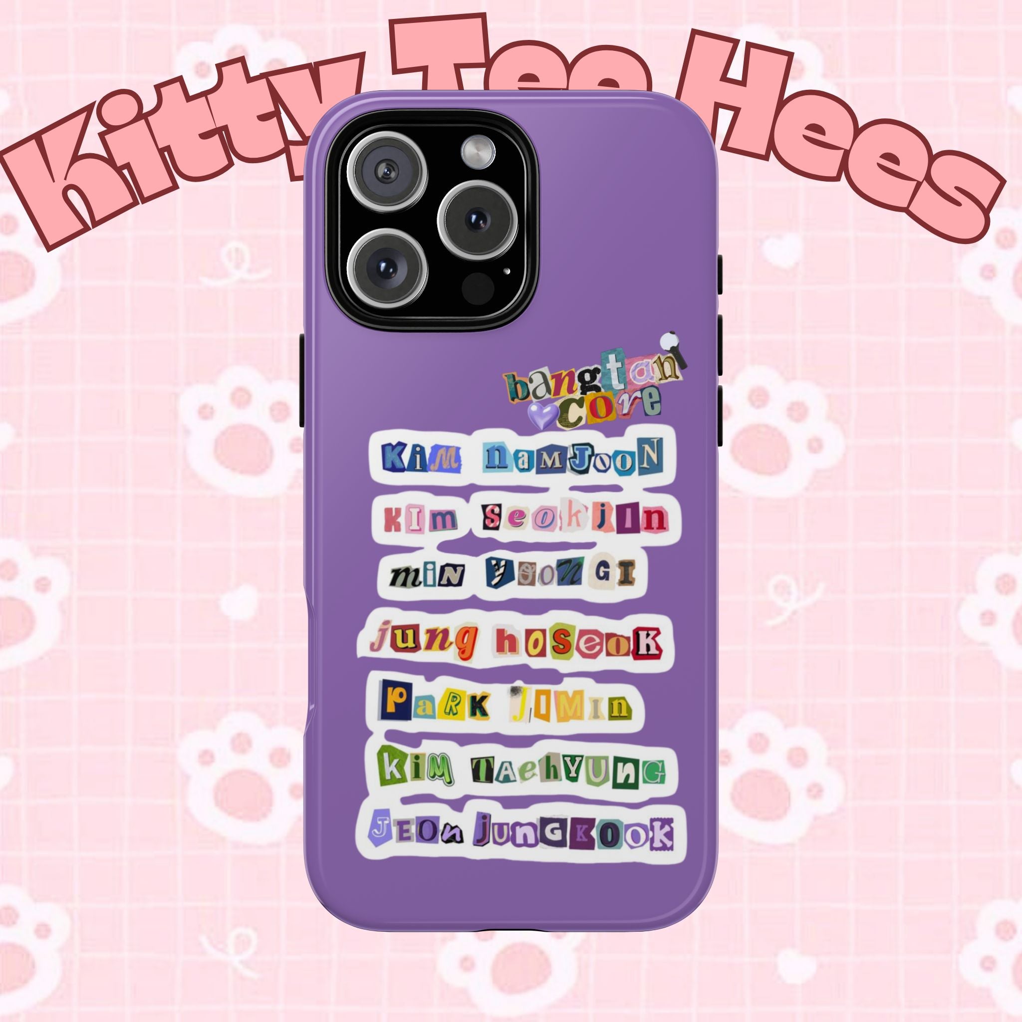 Printify BTS member names phone case featuring Jungkook, Jimin, and Rap Monster for iPhone 17, with durable tough case design.