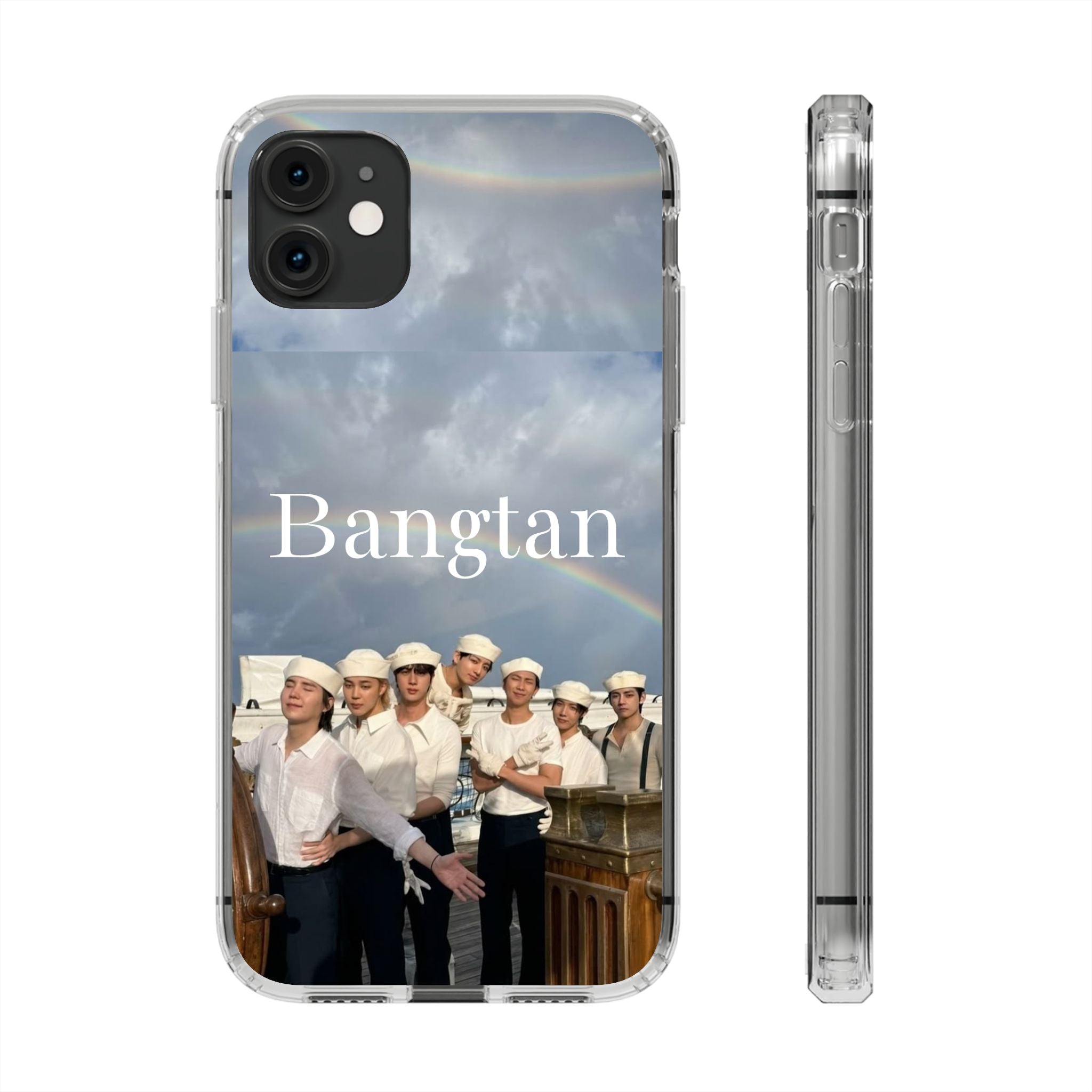 Clear impact-resistant phone case featuring cute Bangtan K-pop design, designed for smartphones by Printify.