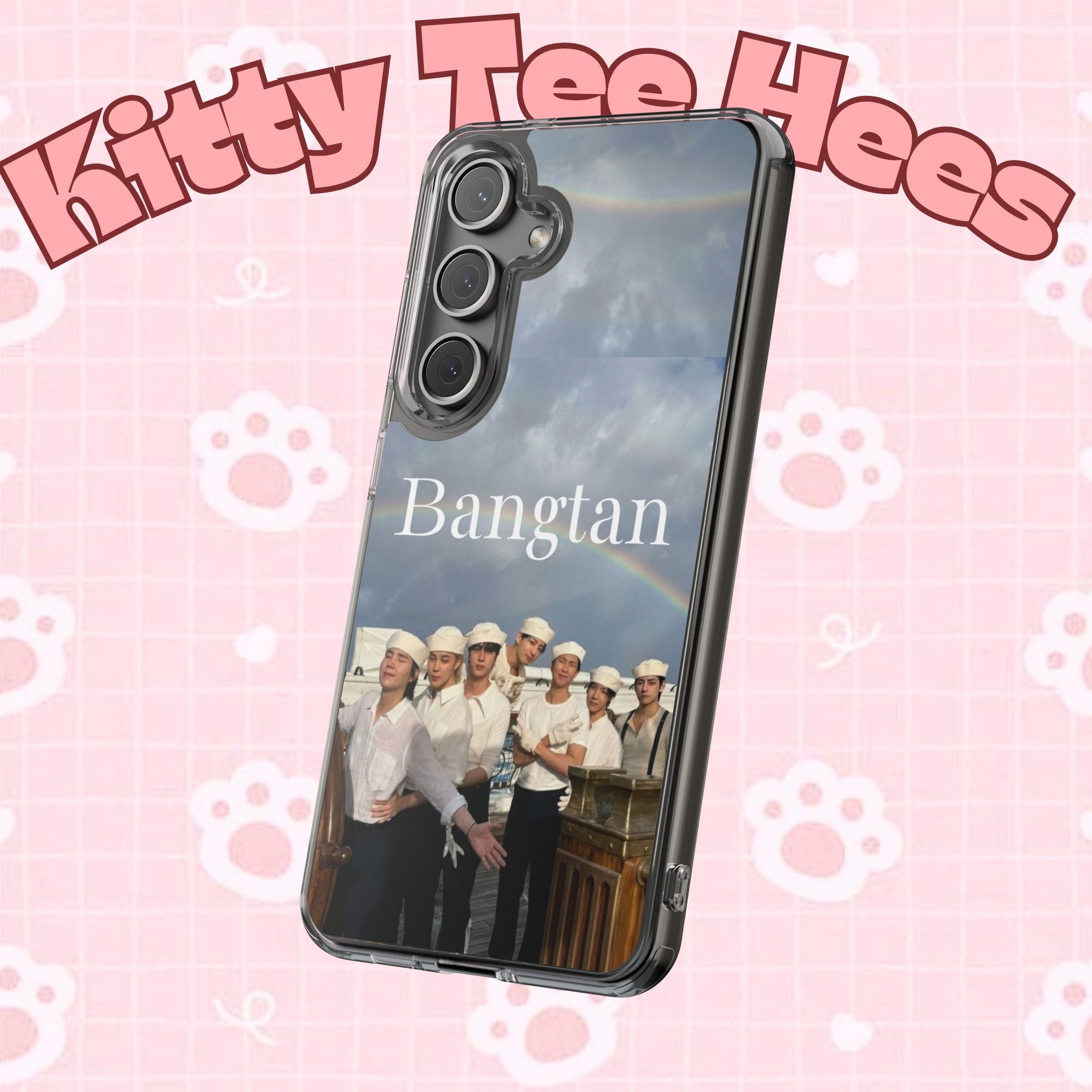 Clear impact-resistant phone case featuring Bangtan Boys K-pop design, compatible with smartphones, by Printify.
