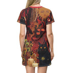 Mystical hippie Cat T-Shirt Dress. Asthetic casual dress, Unique Print, Casual dress - Kitty TeeHees