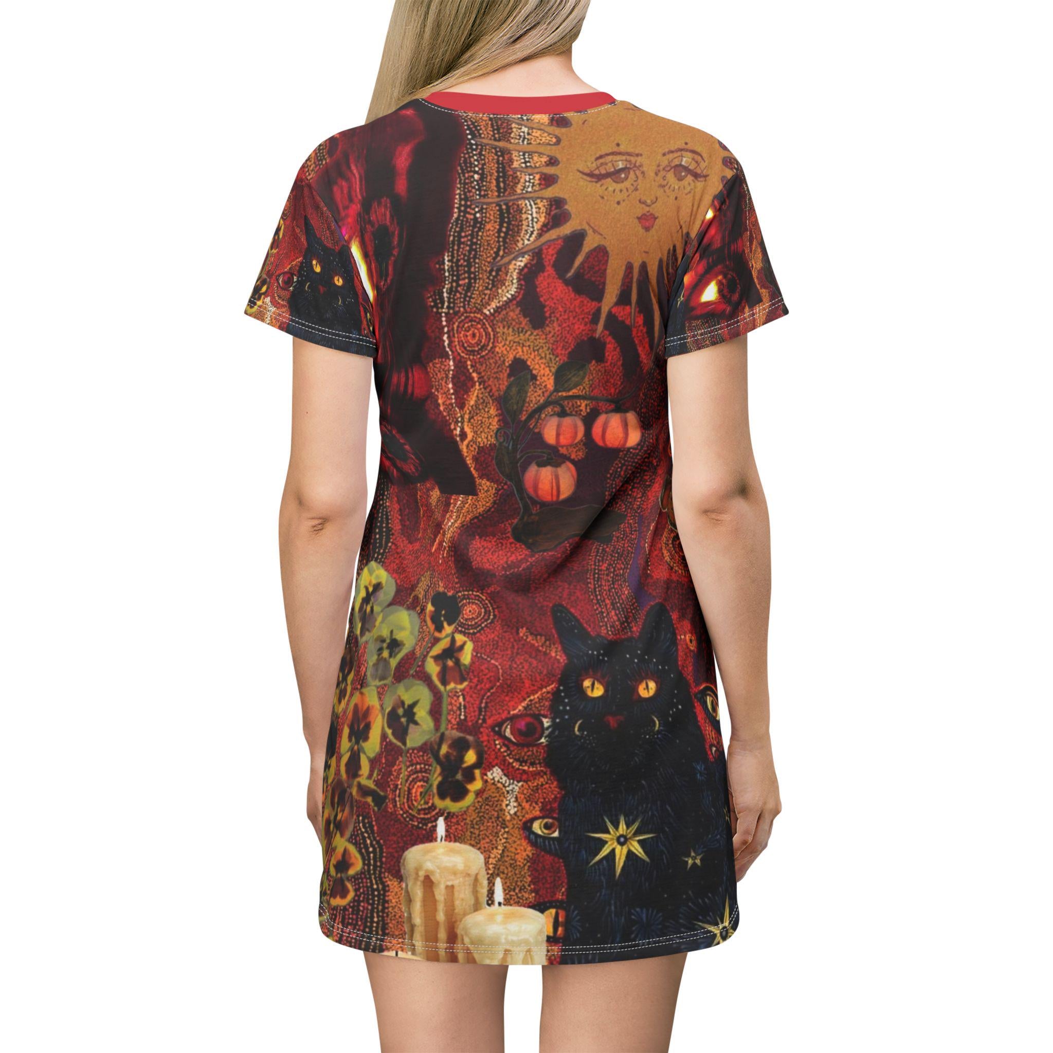 Mystical hippie Cat T-Shirt Dress. Asthetic casual dress, Unique Print, Casual dress - Kitty TeeHees