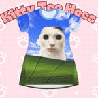 All-over print whimsical cat T-shirt dress featuring a funny meme cat lurking, vibrant 2000s Windows background design.