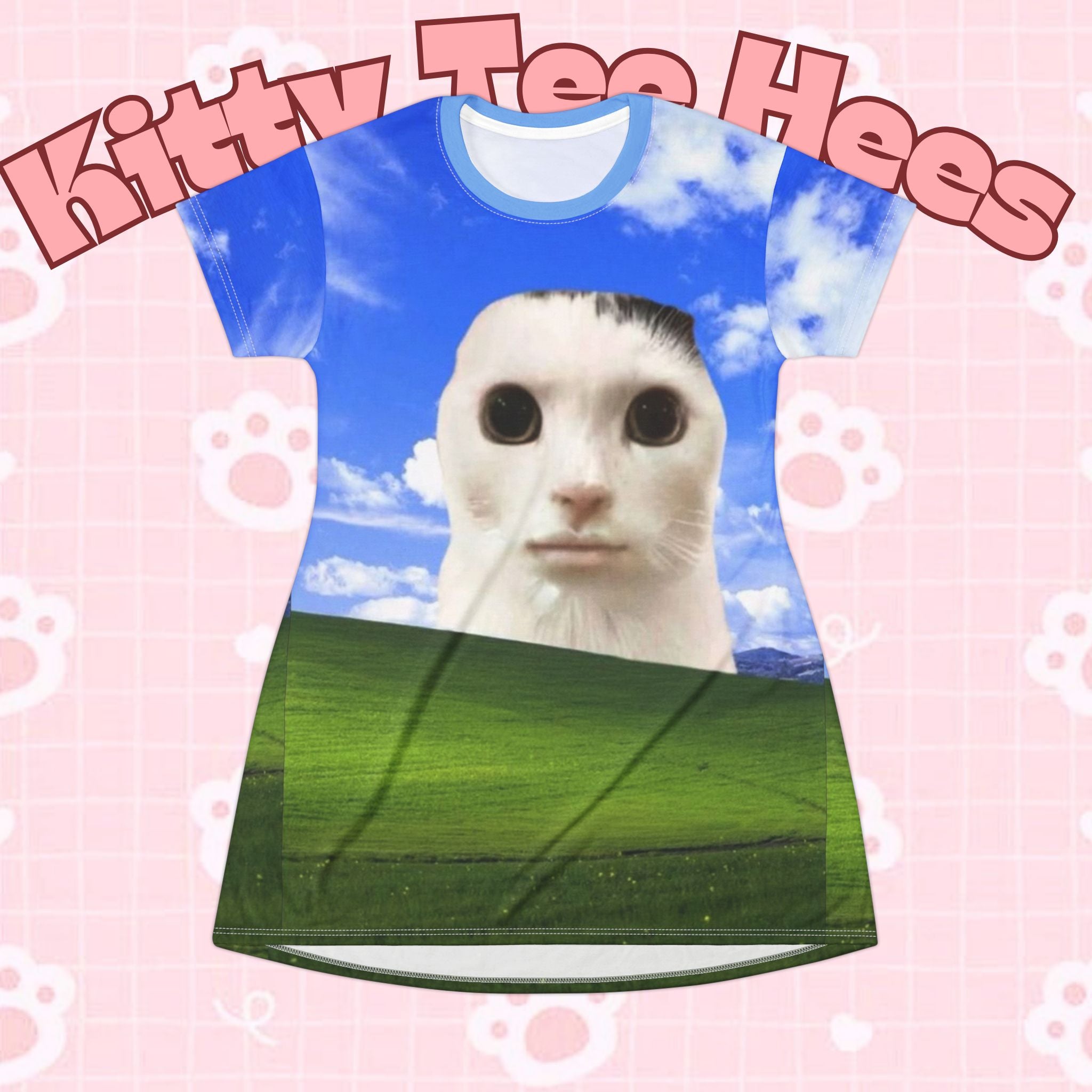 All-over print whimsical cat T-shirt dress featuring a funny meme cat lurking, vibrant 2000s Windows background design.