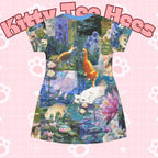 Kawaii Van Gogh Cat River T-shirt dress with all-over print featuring colorful painter art, casual and comfortable fashion by Printify