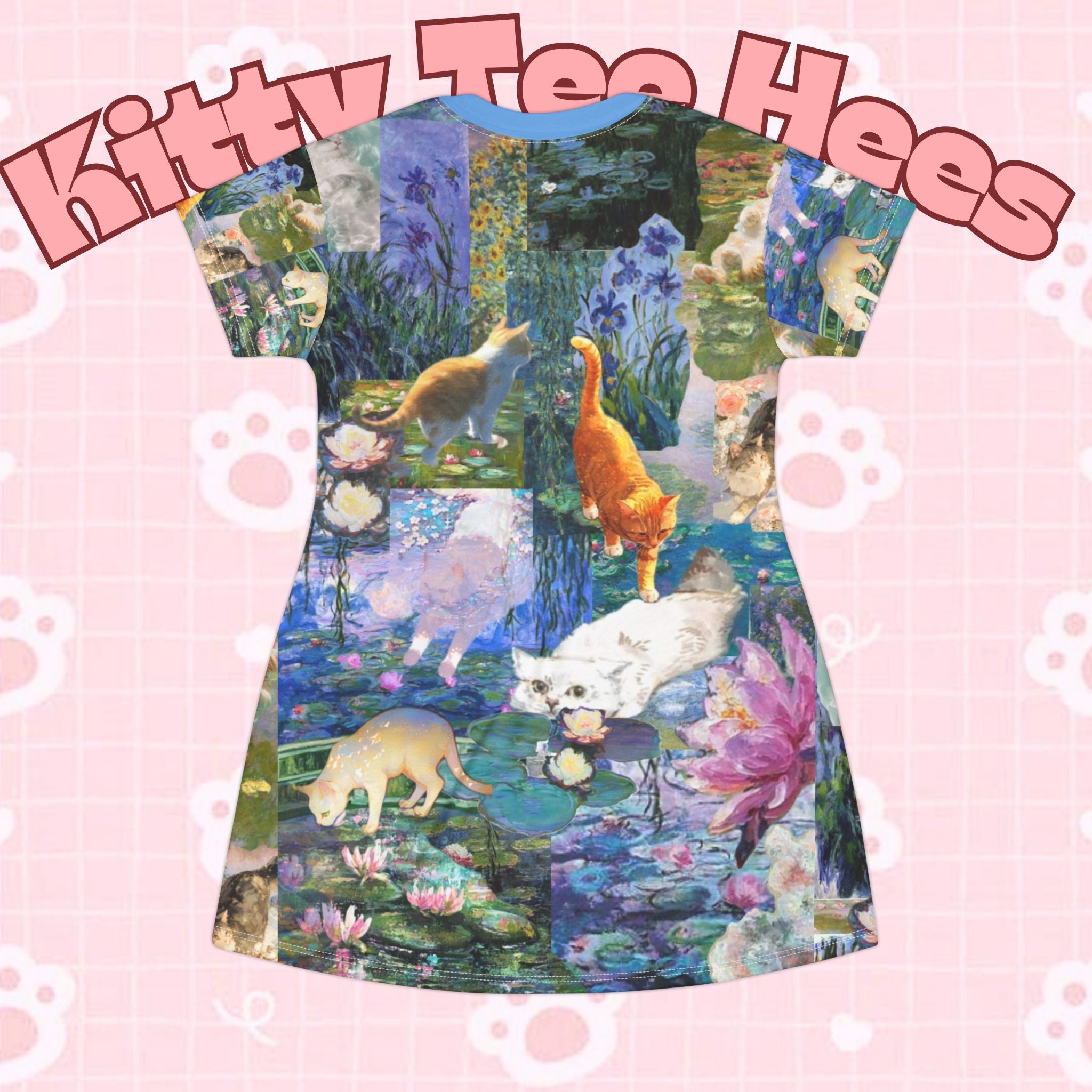Kawaii Van Gogh Cat River T-shirt dress with all-over print featuring colorful painter art, casual and comfortable fashion by Printify