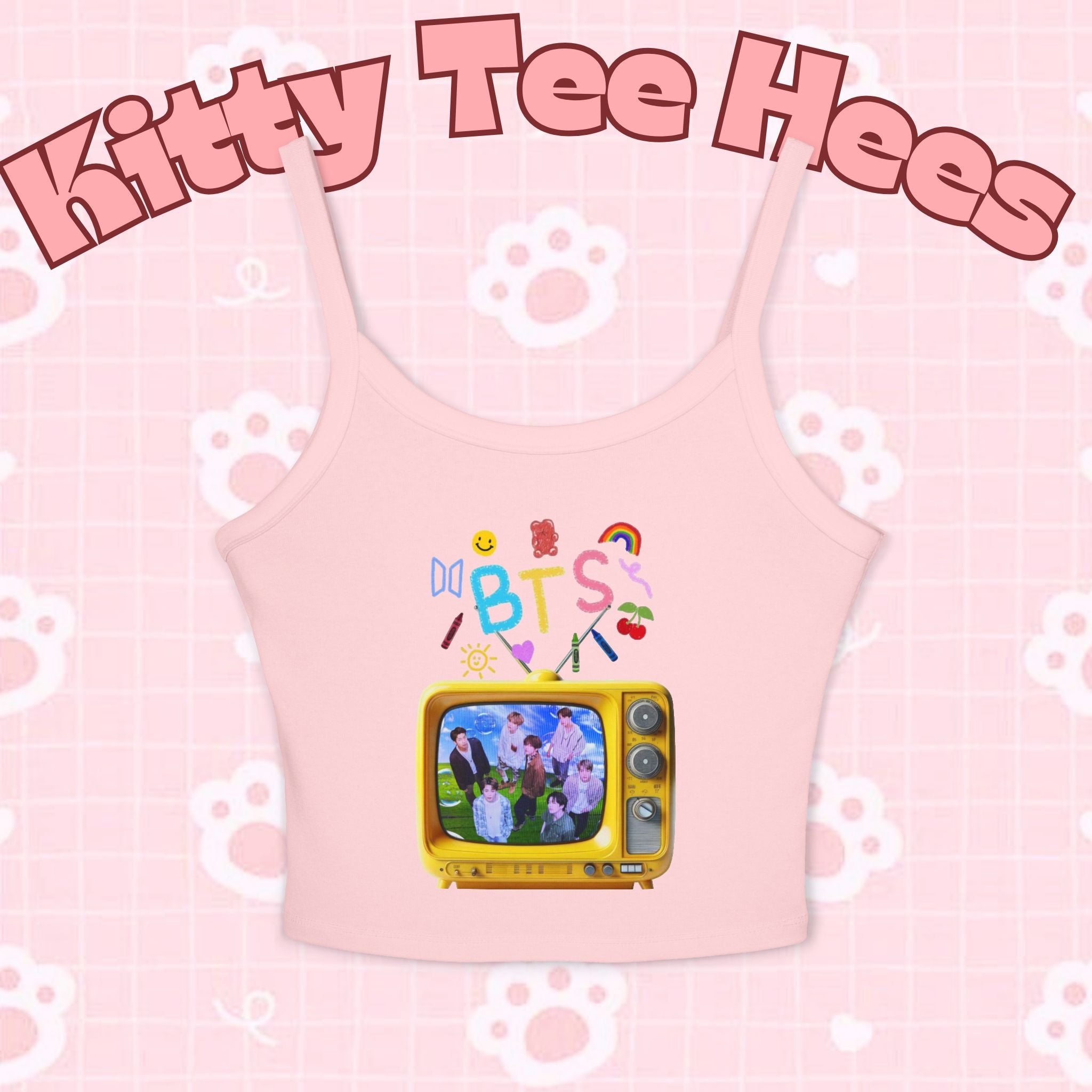 Kidcore BTS tank top featuring retro television design, colorful graphic BTS tee for kids, from Printify, showcasing K-pop style.