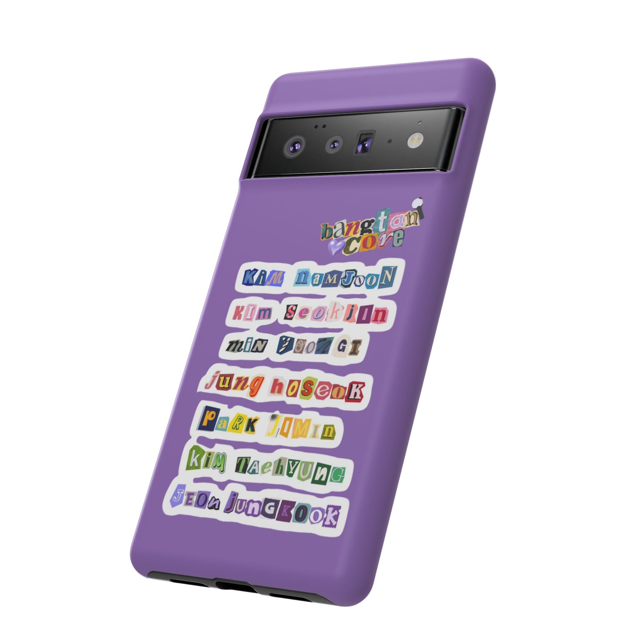 Printify BTS member names phone case featuring Jungkook, Jimin, and Rap Monster for iPhone 17, with durable tough protection.