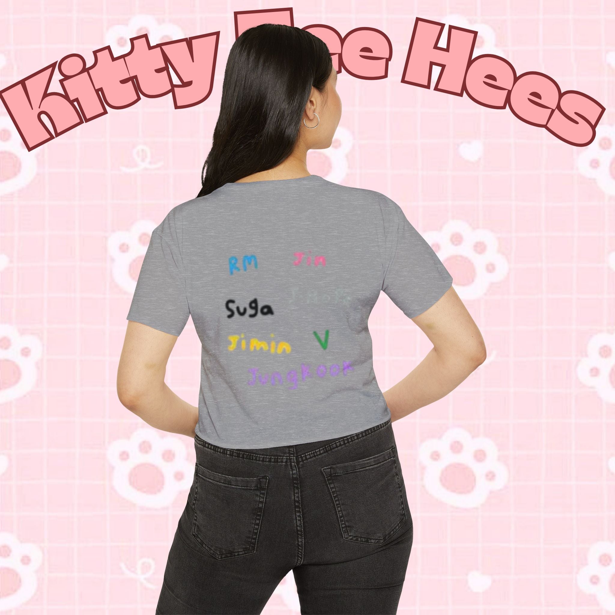 Colorful BTS kidcore T-shirt featuring Bangtan Boys K-Pop group photo, women's festival crop top by Printify.