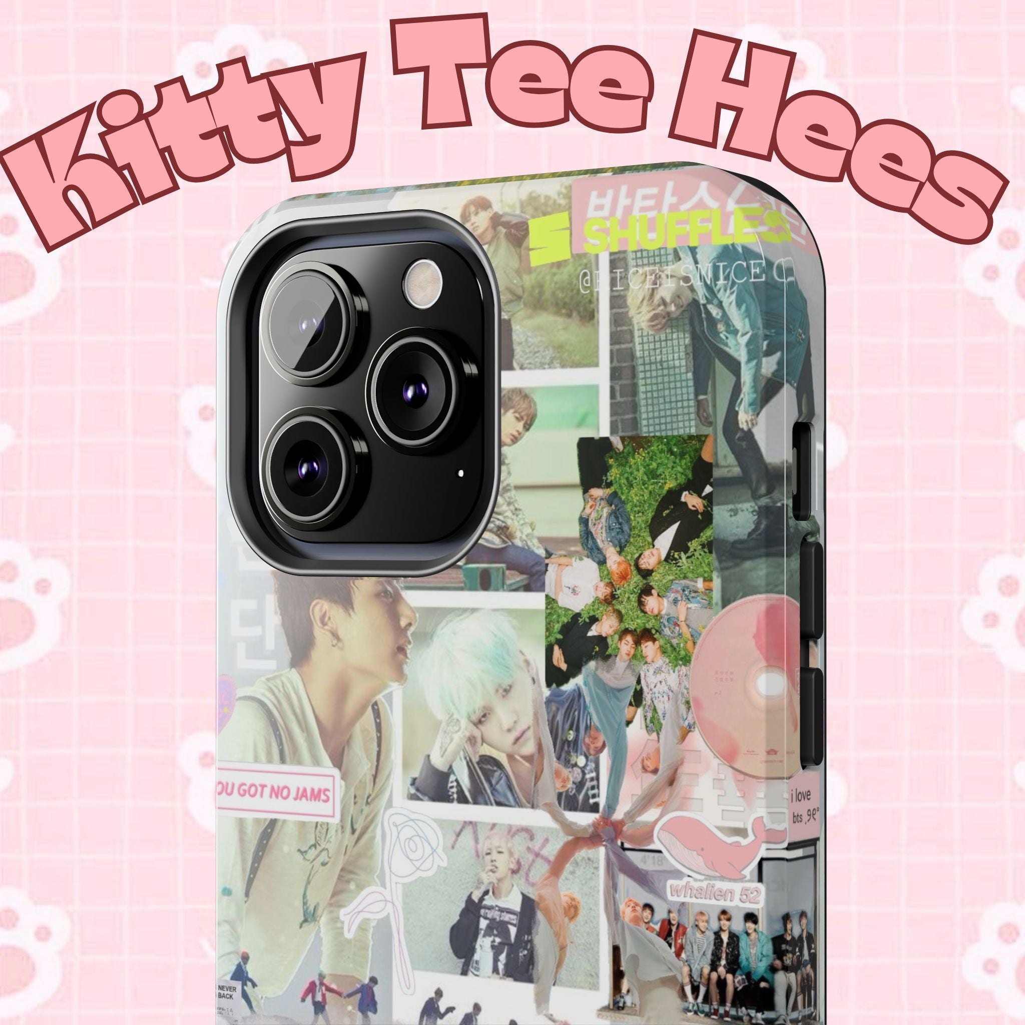 Pastel BTS collage phone case with hot air balloon and K-Pop photo design for iPhone and Samsung models.