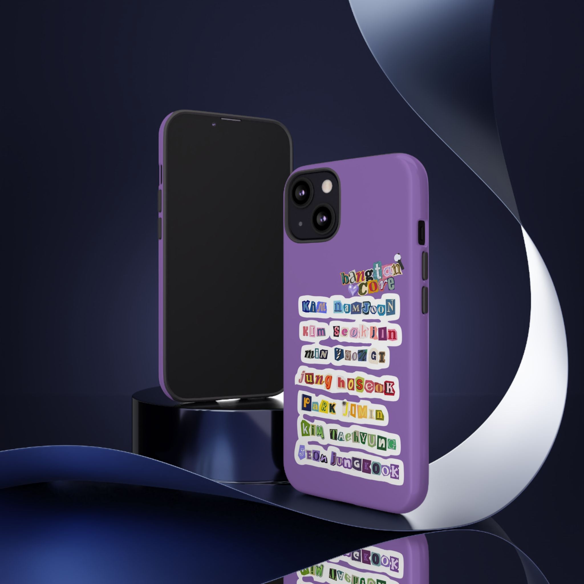 BTS member names phone case featuring Jungkook, Jimin, and RM for iPhone 17, with a tough protective design by Printify.