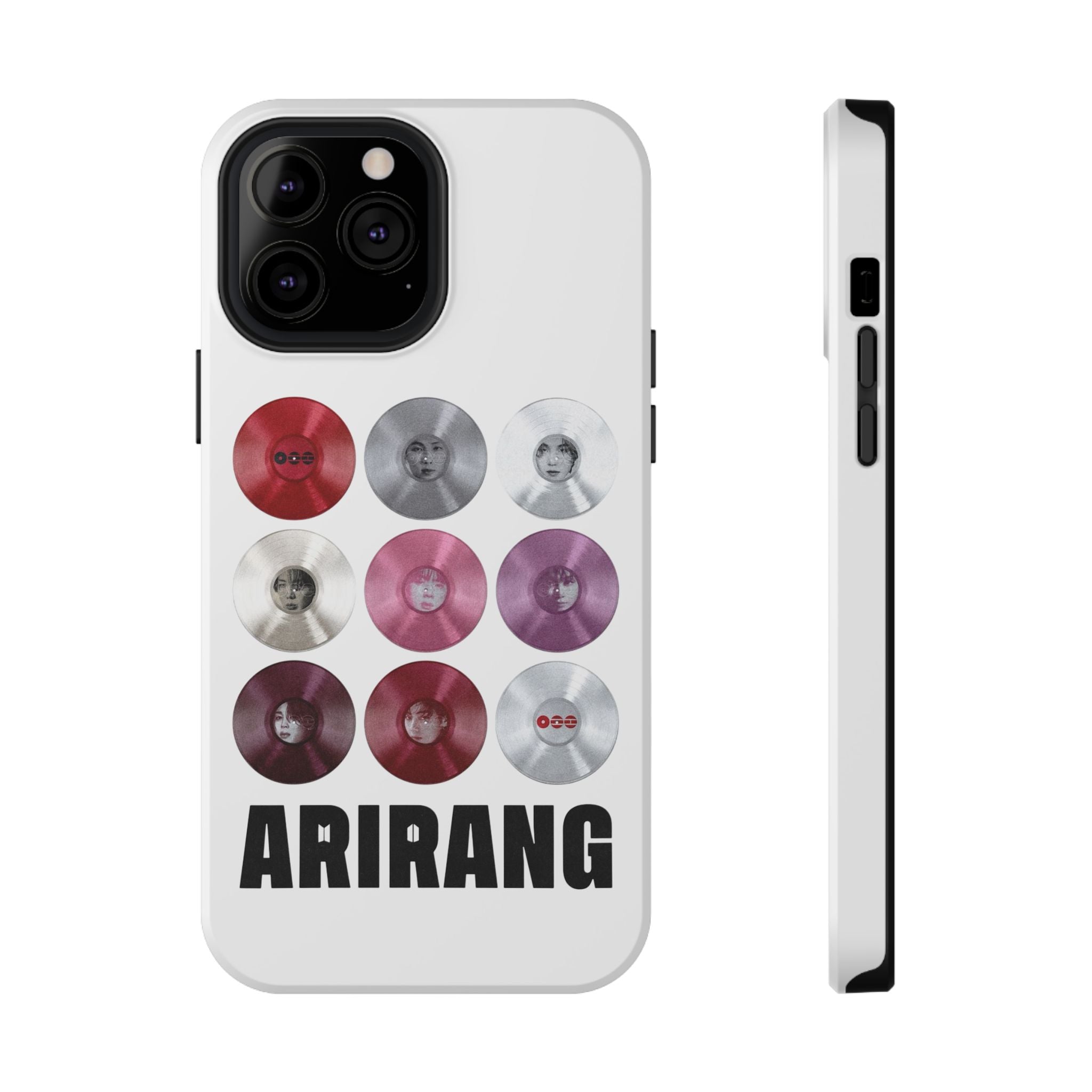 Printify BTS Arirang vinyl record grid phone case featuring BTS fan merch, impact-resistant design, with vibrant artwork.