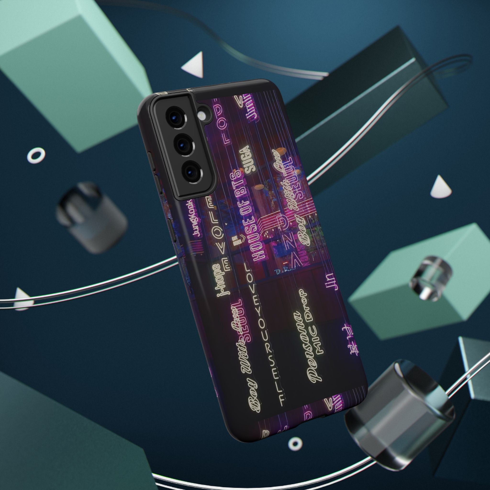 Impact-resistant BTS phone case with neon Korean script design for iPhone and Samsung, featuring Bangtan Sonyeondan branding.