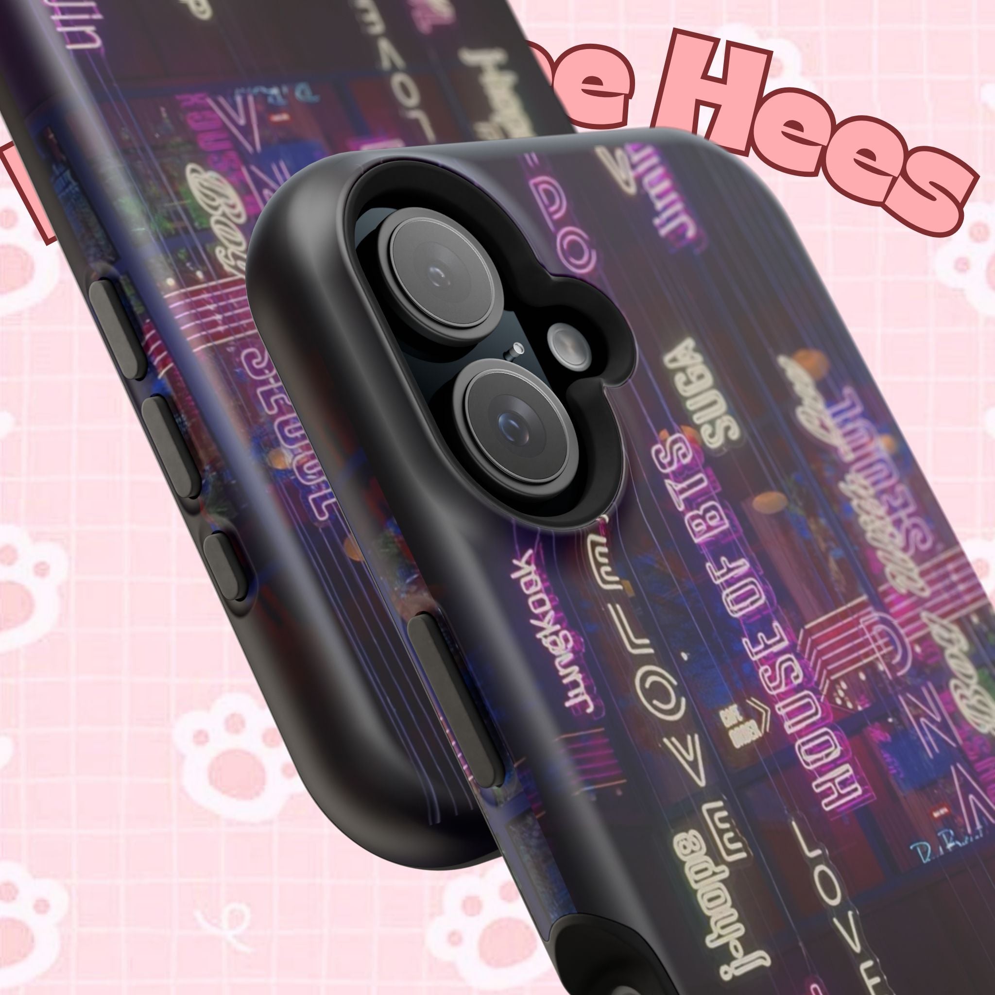 Neon Korean script BTS phone case for iPhone and Samsung, impact-resistant with bold BTS branding and vibrant design.
