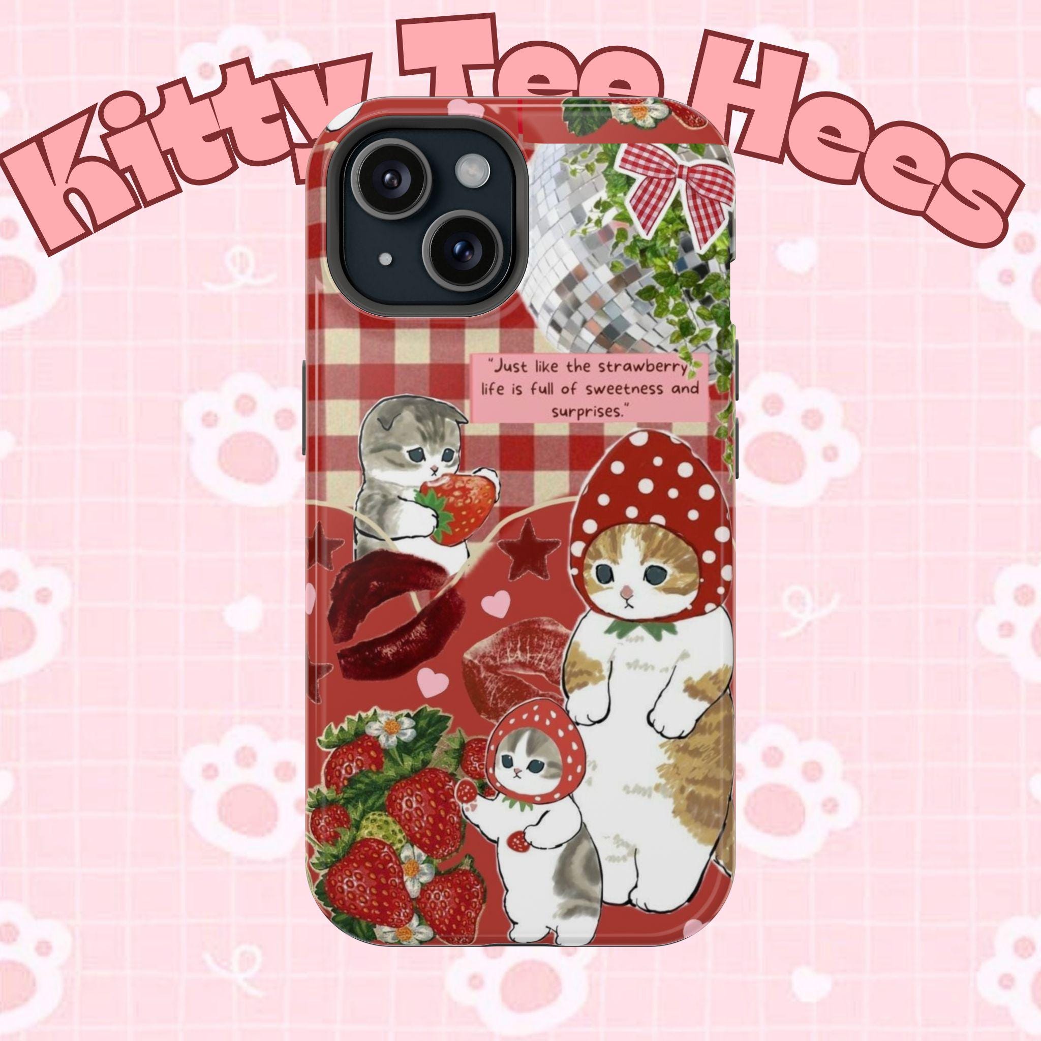 Cute strawberry Cat Magnetic Tough Cases Funny cat phone case, cute iphone 17 case Adorable Phone Case for Cat Lovers - Kitty TeeHees