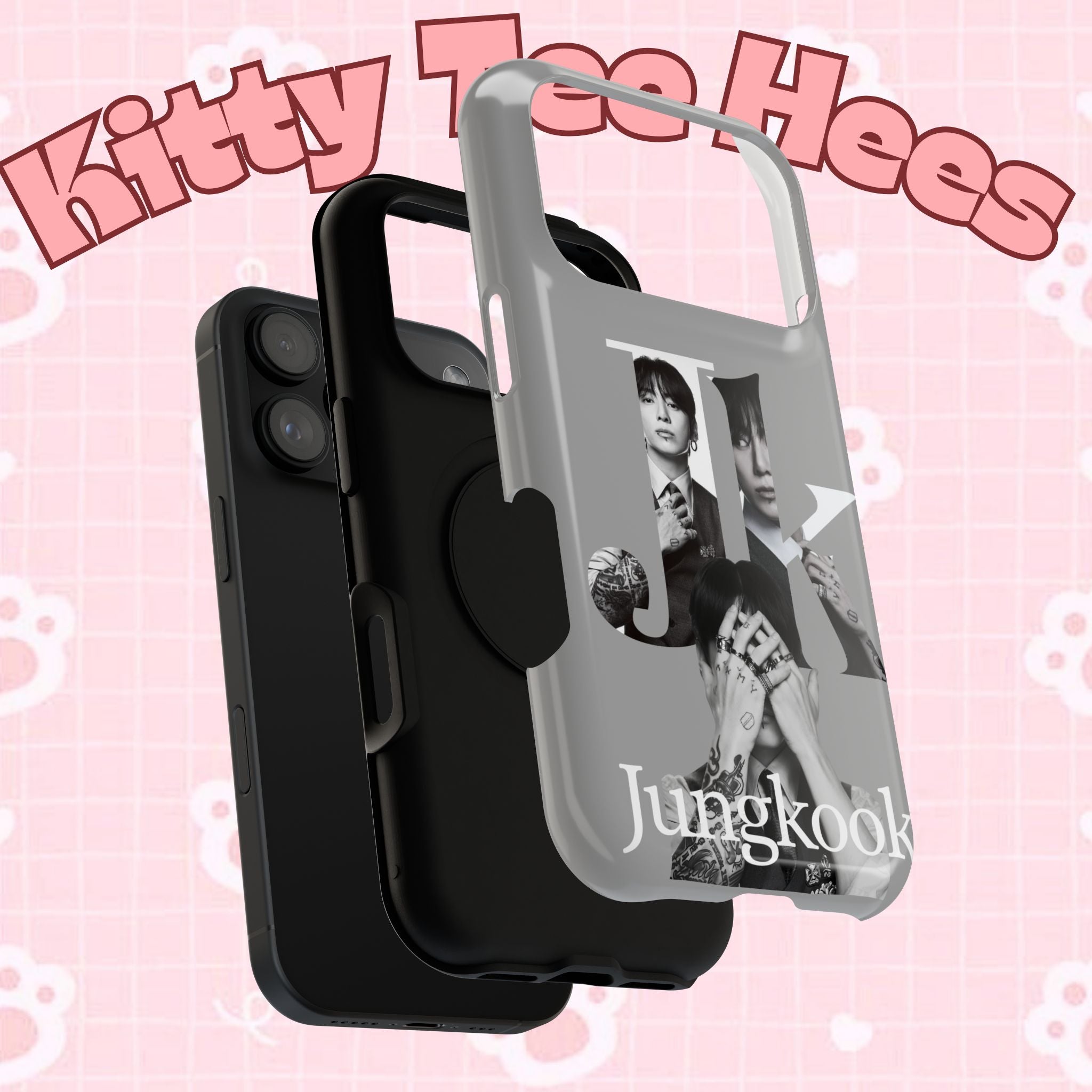 Black monochrome BTS Jungkook phone case with bold letter design, impact-resistant for iPhone and Android devices.