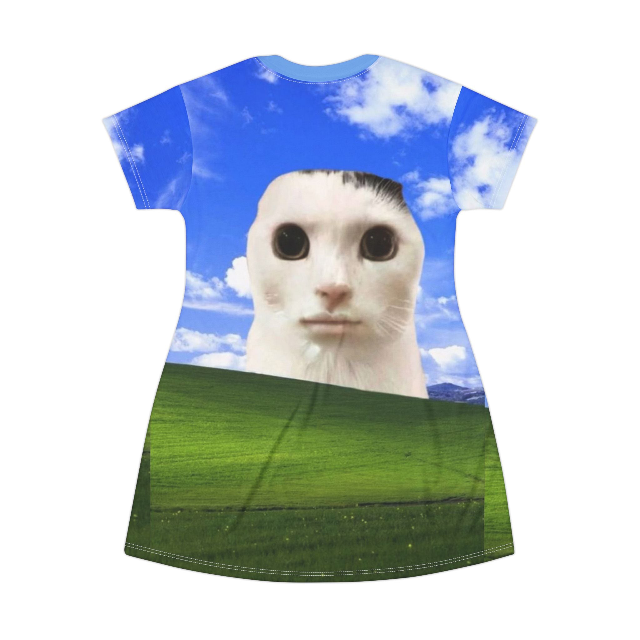All-over print whimsical cat T-shirt dress featuring a funny meme cat lurking, designed by Printify, with vibrant 2000s Windows background art.