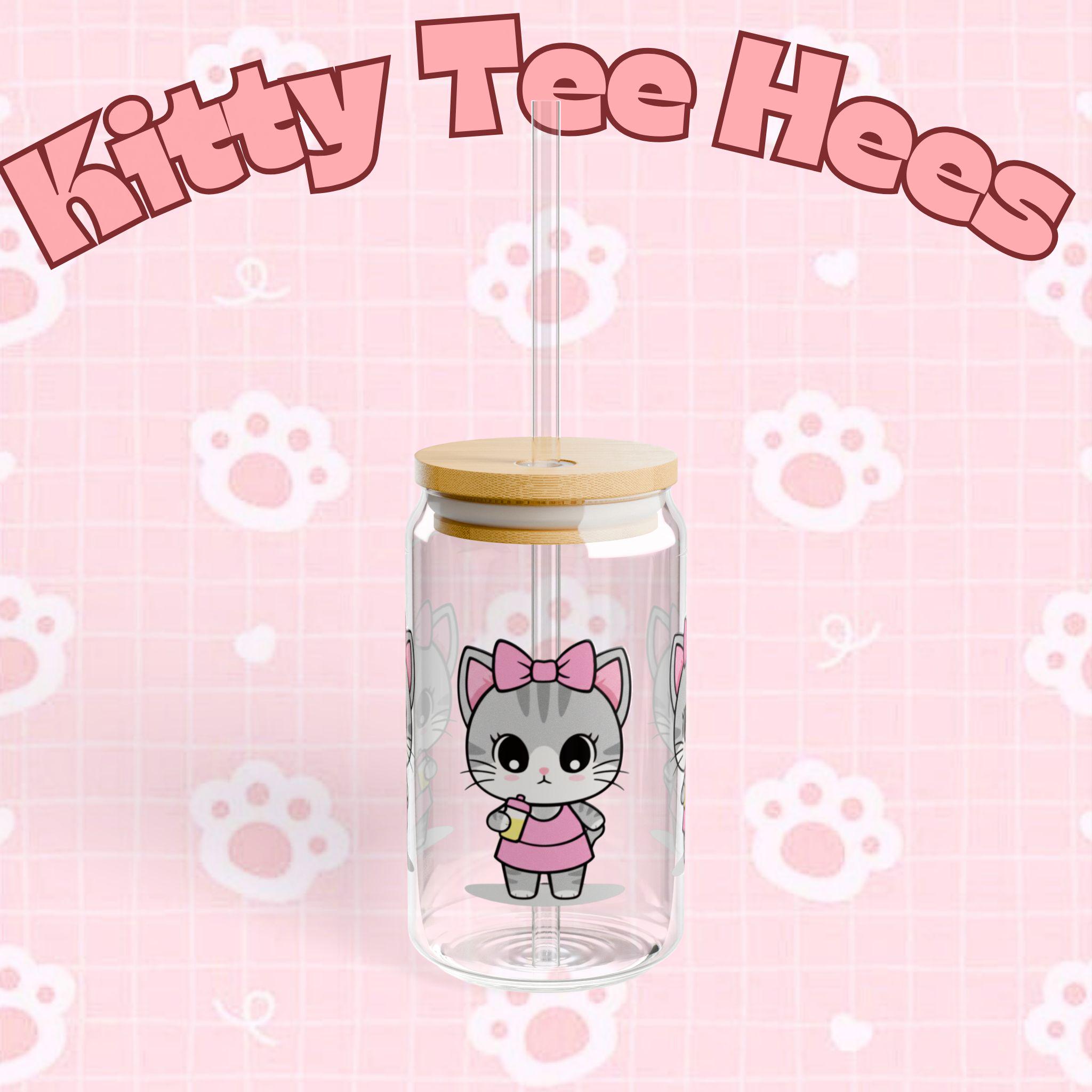 Yoga Kitty Glass Sipper Cup, Bamboo Lid & Straw, Pink Cat Design - Kitty TeeHees