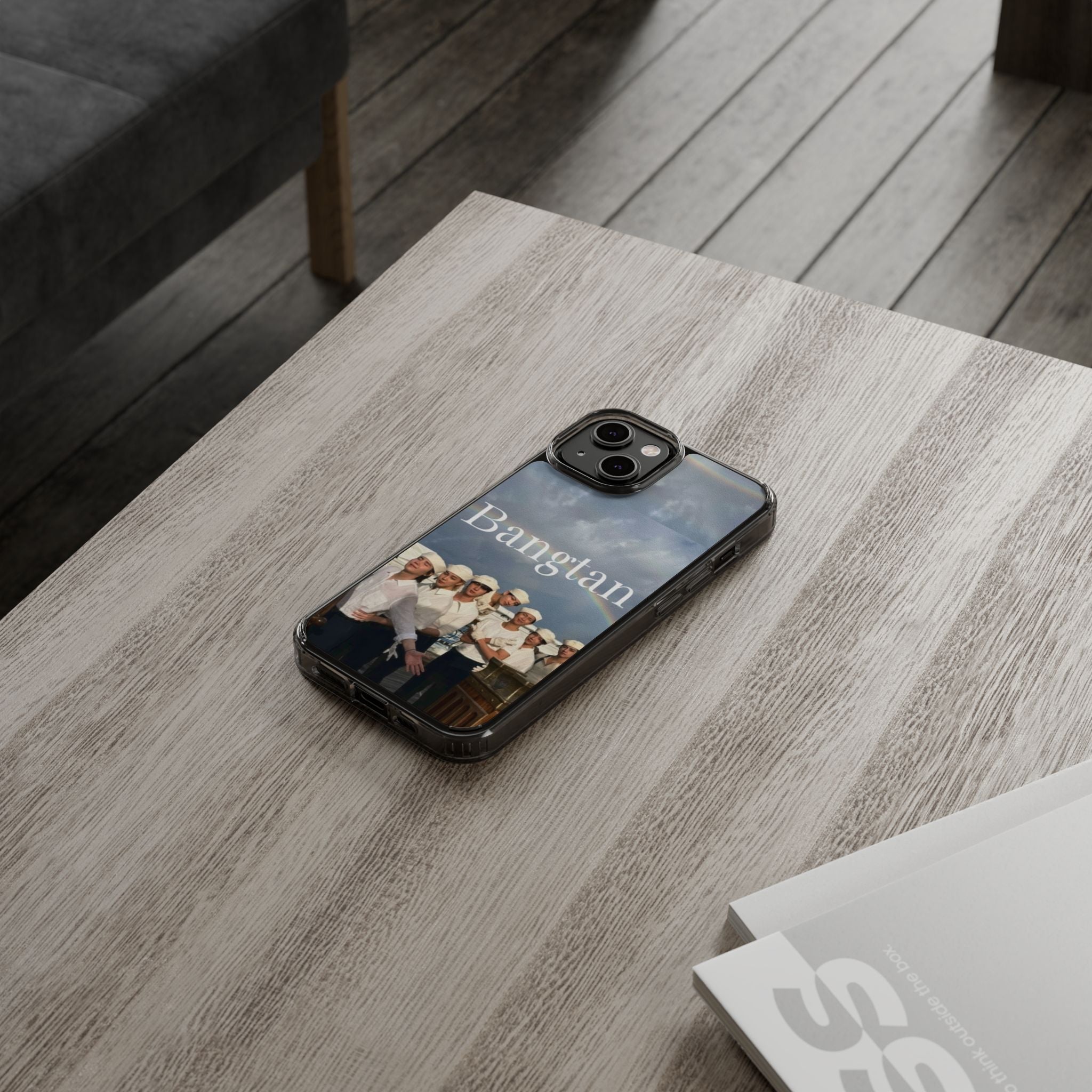 Clear impact-resistant phone case featuring Bangtan and cute K-pop design, compatible with smartphones.