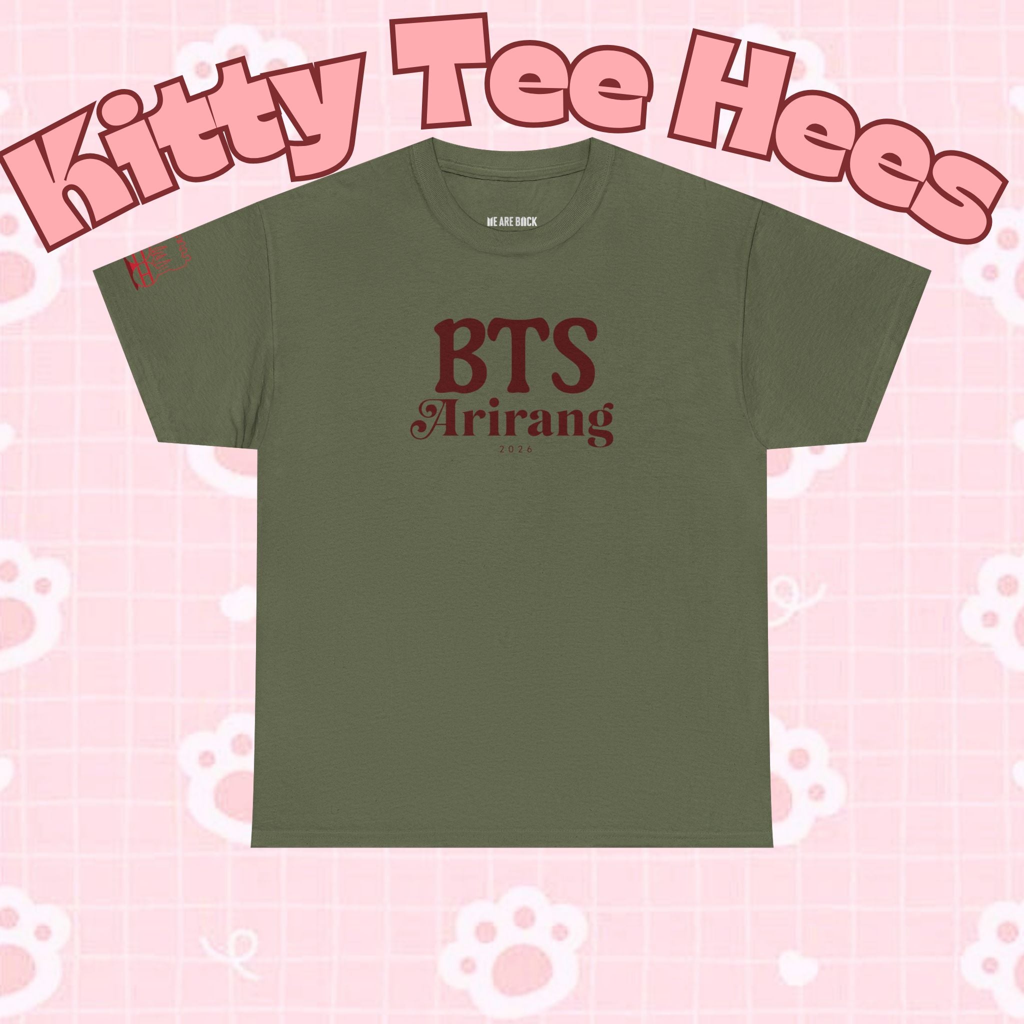 BTS Arirang T-Shirt with Korean Hangul print, featuring BTS world tour and comeback design, casual concert fit, Printify brand