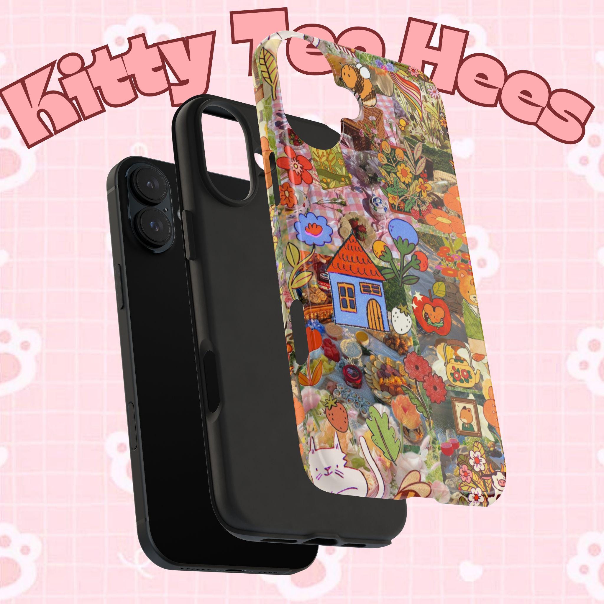 Bee kind to cats, iphone 17 case, Floral Tough Phone Cases, Cute Phone Cover, maximalist Gift, Floral Pattern, Nature Lover Gift - Kitty TeeHees