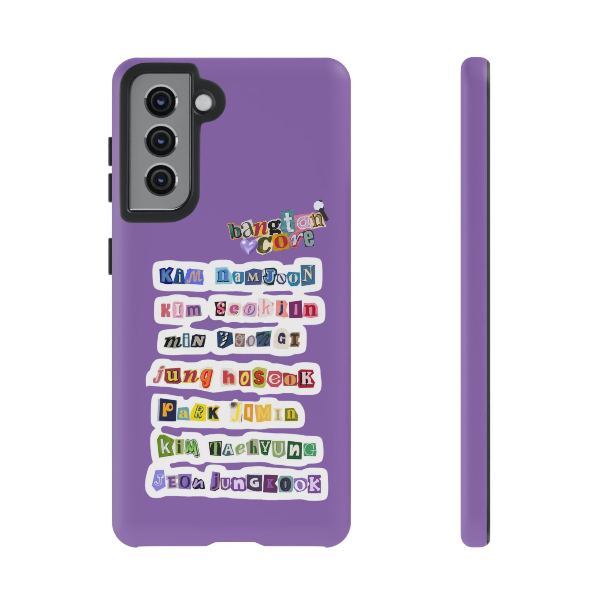 Printify BTS member names phone case featuring Jungkook, Jimin, and RM for iPhone 17, with a durable tough case design.