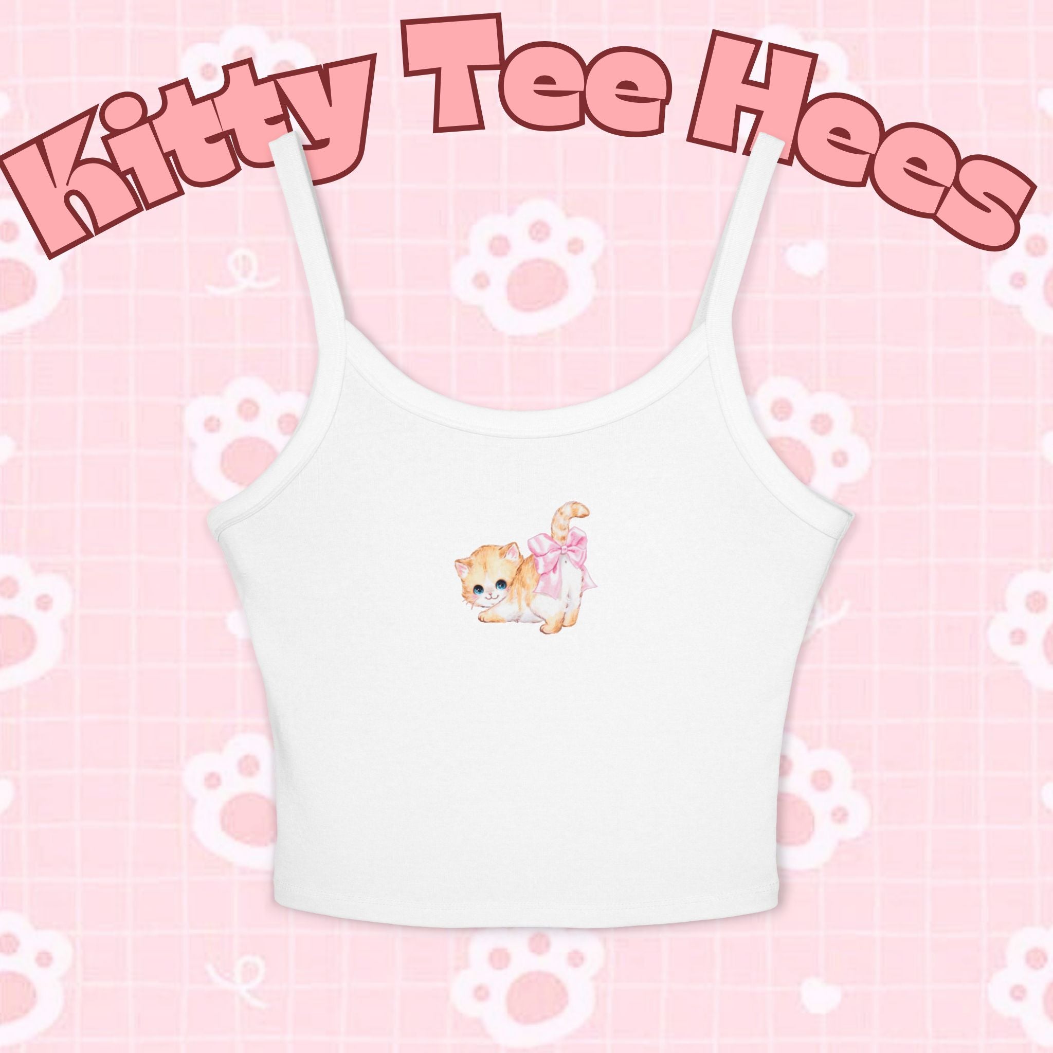 Printify cat print women's spaghetti strap tank top featuring cute summer cat design, casual and fun fashion for cat lovers