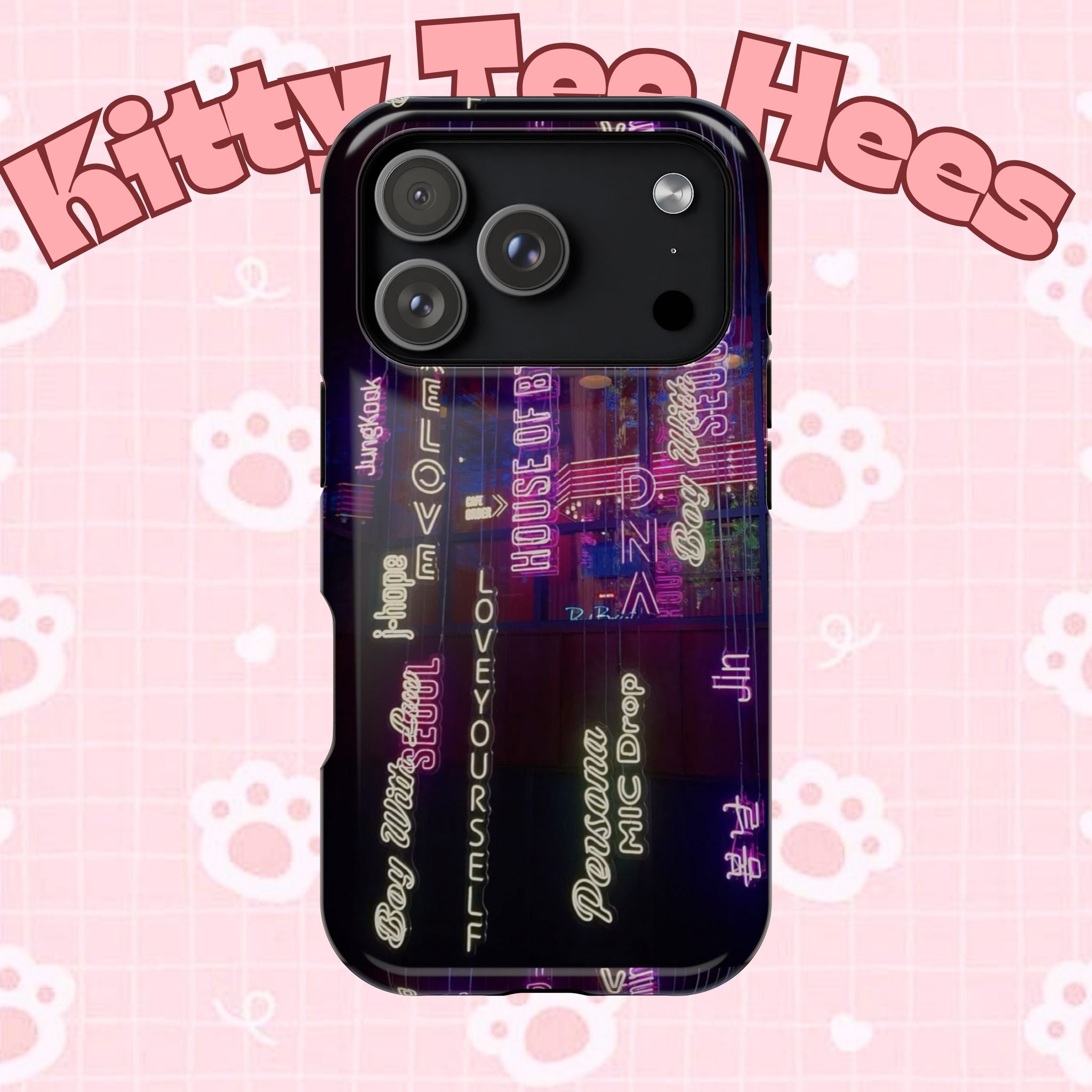 Neon Korean script BTS phone case for iPhone and Samsung, impact-resistant, featuring bold neon text design by Printify.