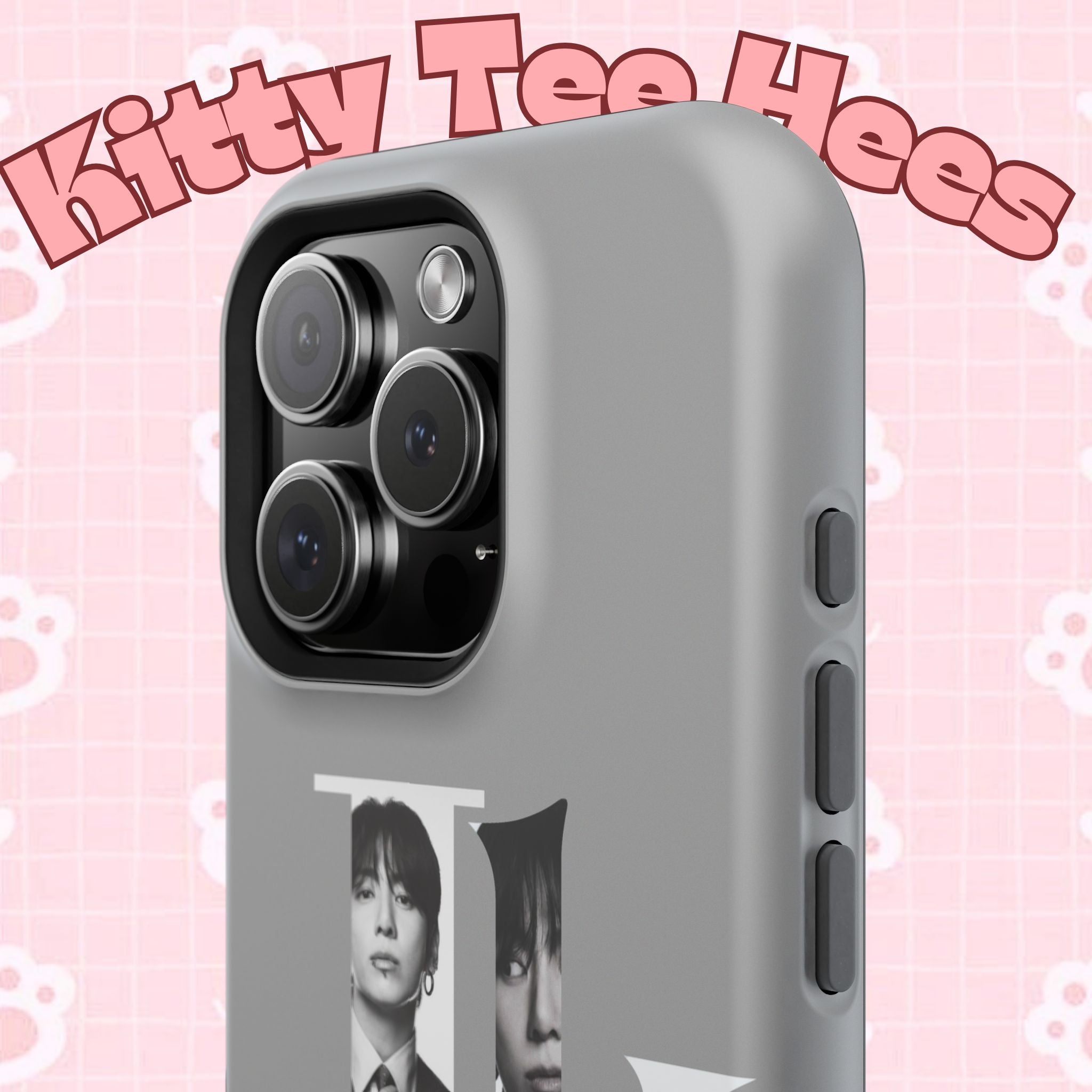 Monochrome BTS Jungkook phone case by Printify featuring impact-resistant design and bold letter graphics.
