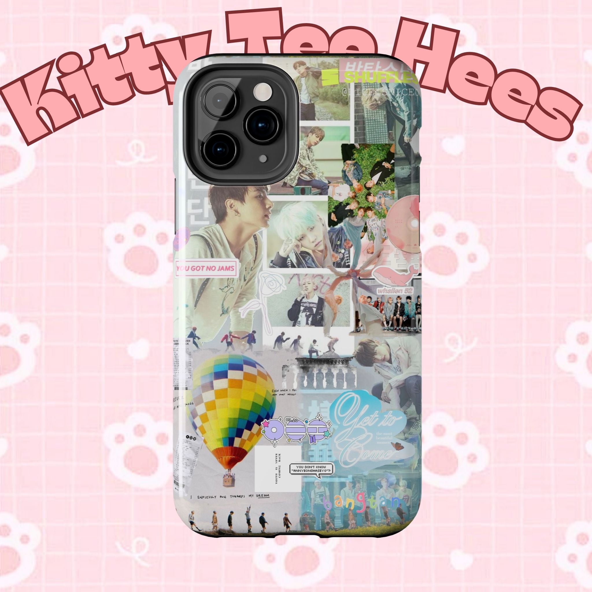 Printify BTS collage phone case for iPhone and Samsung featuring pastel hot air balloon and K-Pop photo collage design.