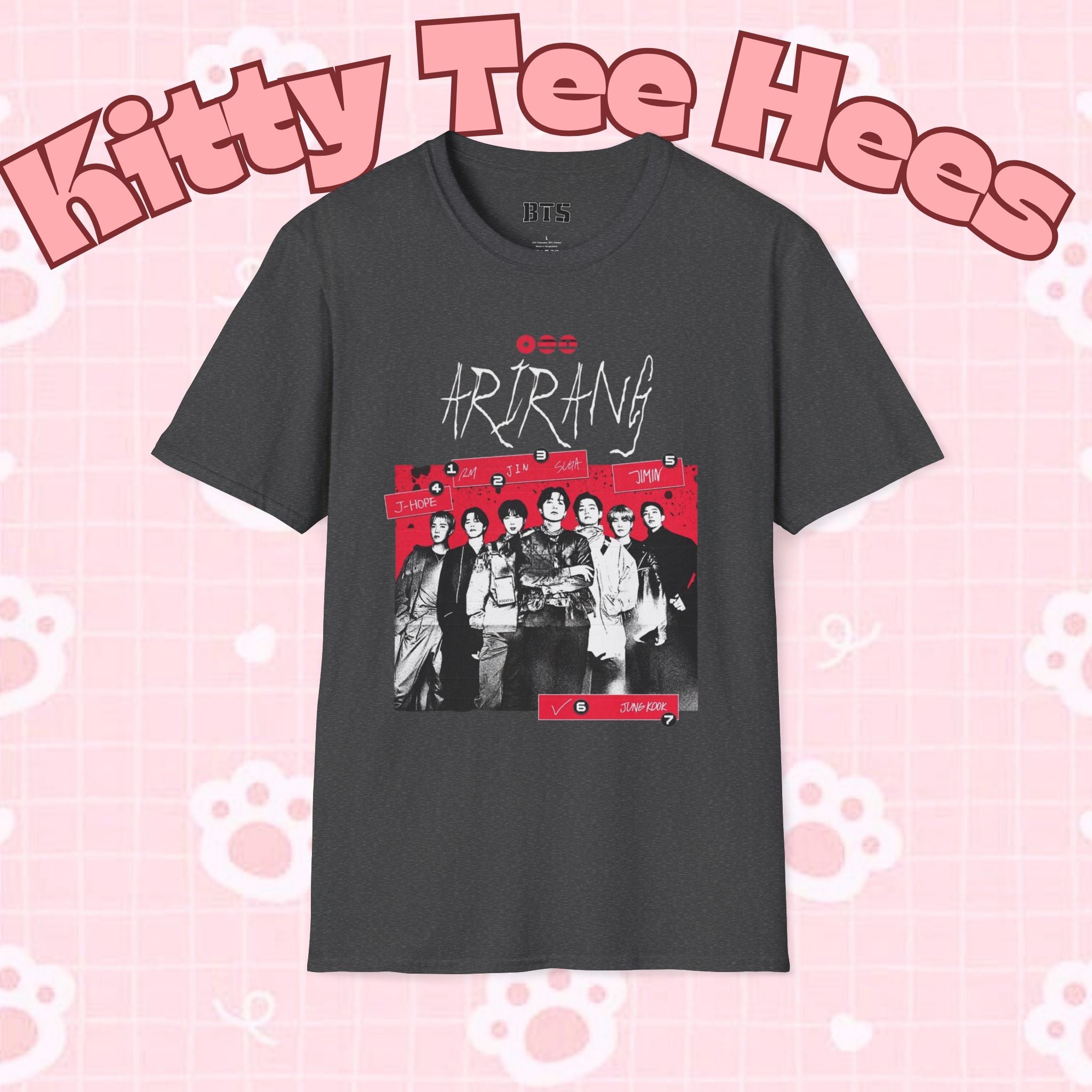 Arirang2026 BTS concert T-shirt featuring band photo, K-pop merch, Bangtan Boys logo, casual style, printed by Printify