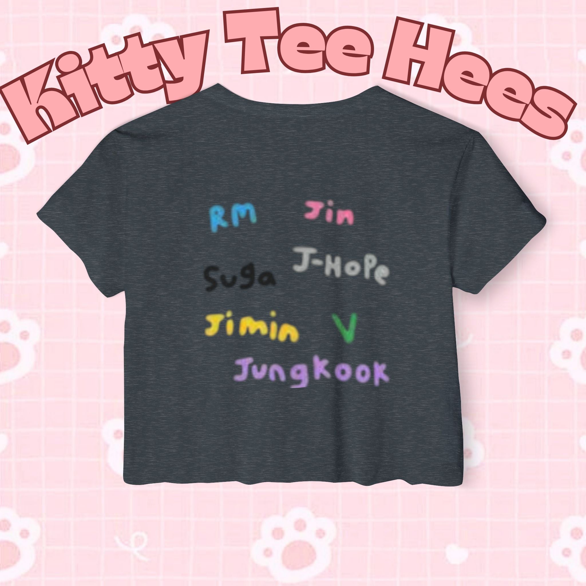 Colorful BTS Kidcore T-shirt featuring Bangtan Boys K-Pop group photo, women's festival crop top by Printify.