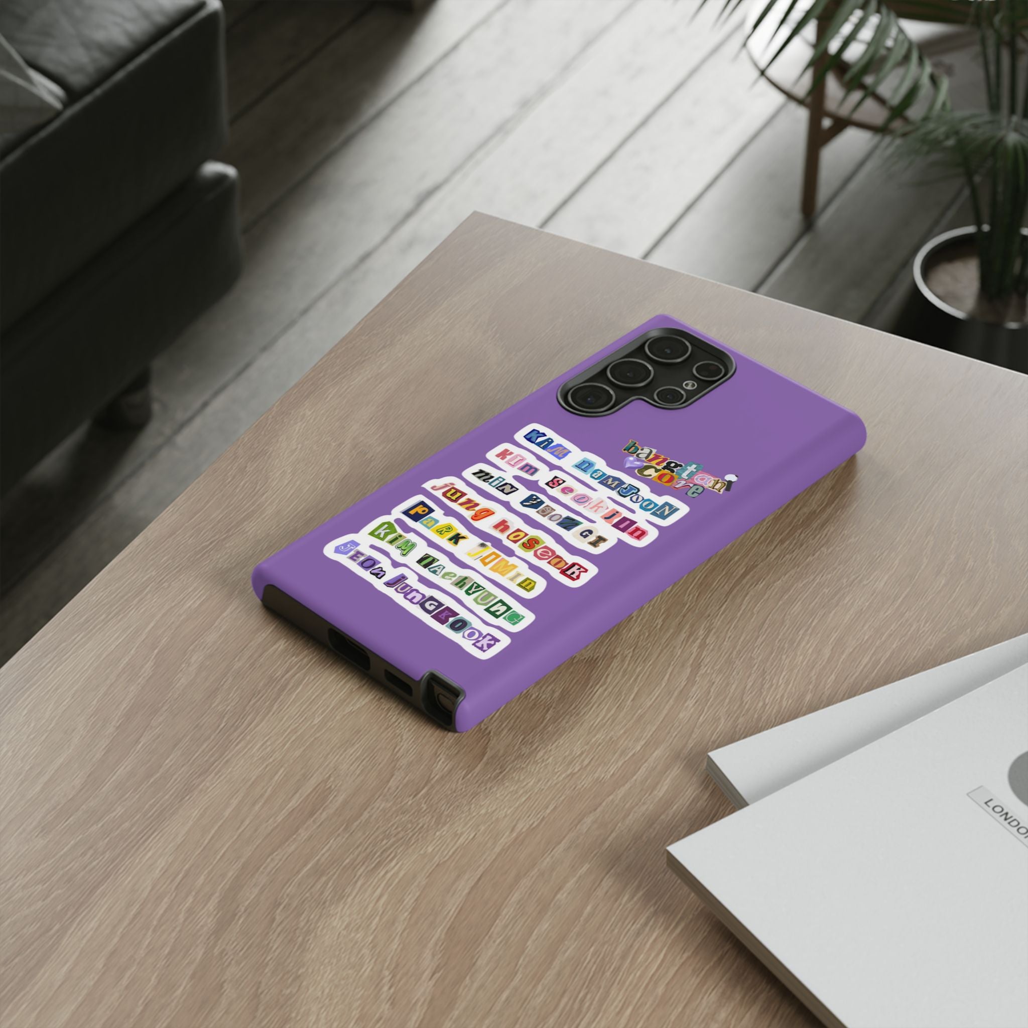 BTS member names phone case featuring Jungkook, Jimin, and RM for iPhone 17, durable Printify Bangtan Boys design.