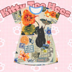 Blue and orange cat-themed T-shirt dress with floral all-over print, casual wear for cat lovers by Printify.