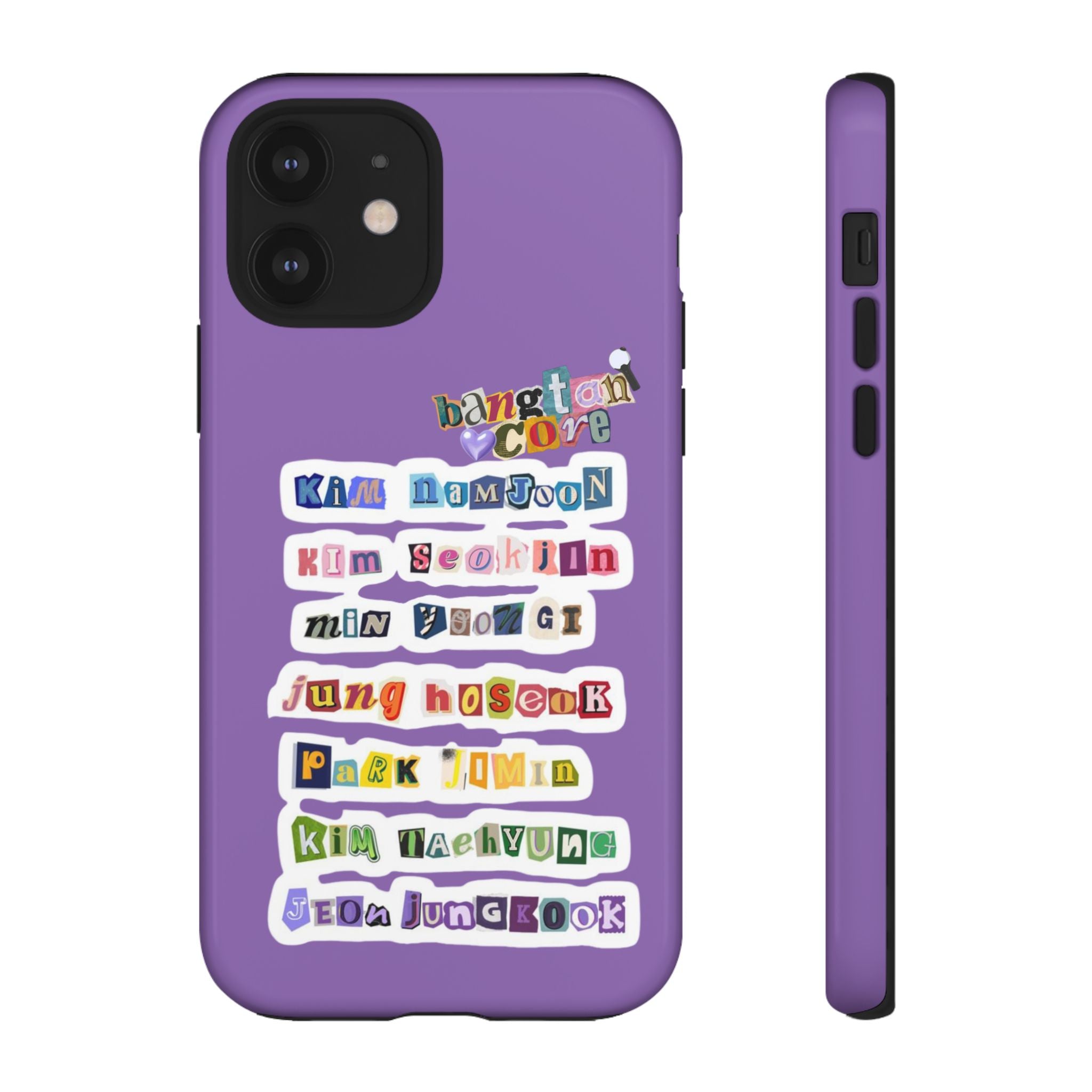 Printify BTS member names phone case with Jungkook, Jimin, and Rap Monster design for iPhone 17, tough protective cover.