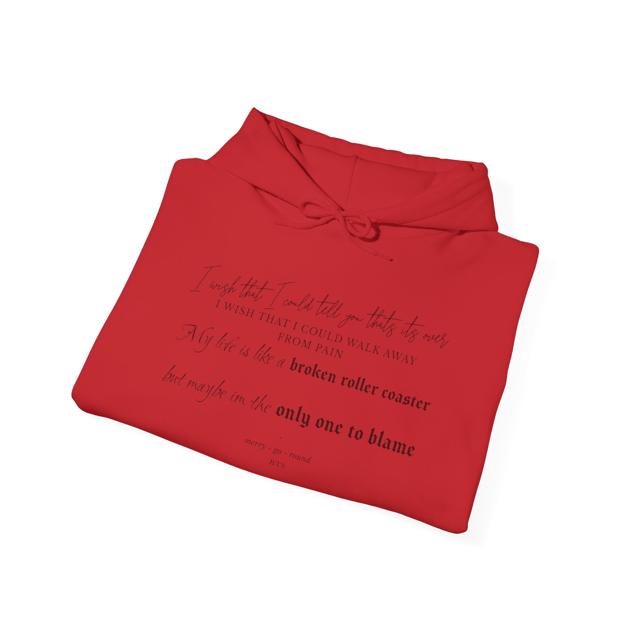 BTS Merry-go-round Arirang 2026 hoodie with carousel illustration, Korean script sleeves, and BTS lyric design by Printify.