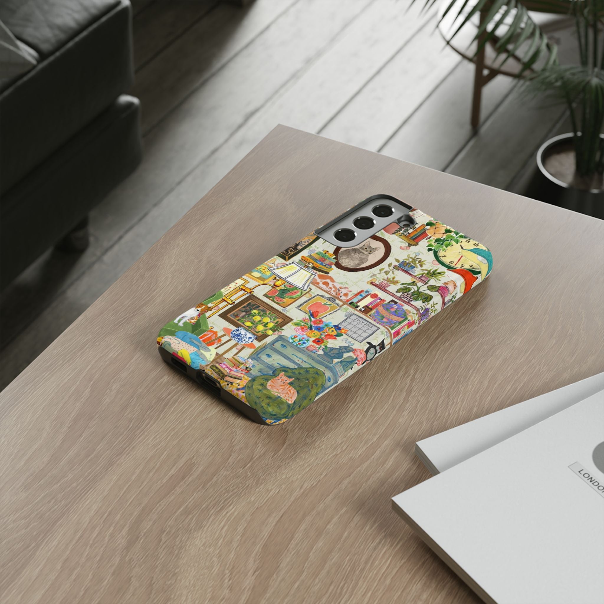 Cute cat pet portrait iPhone 17 case by Printify featuring a cozy living room scene with a stylish, framed design.